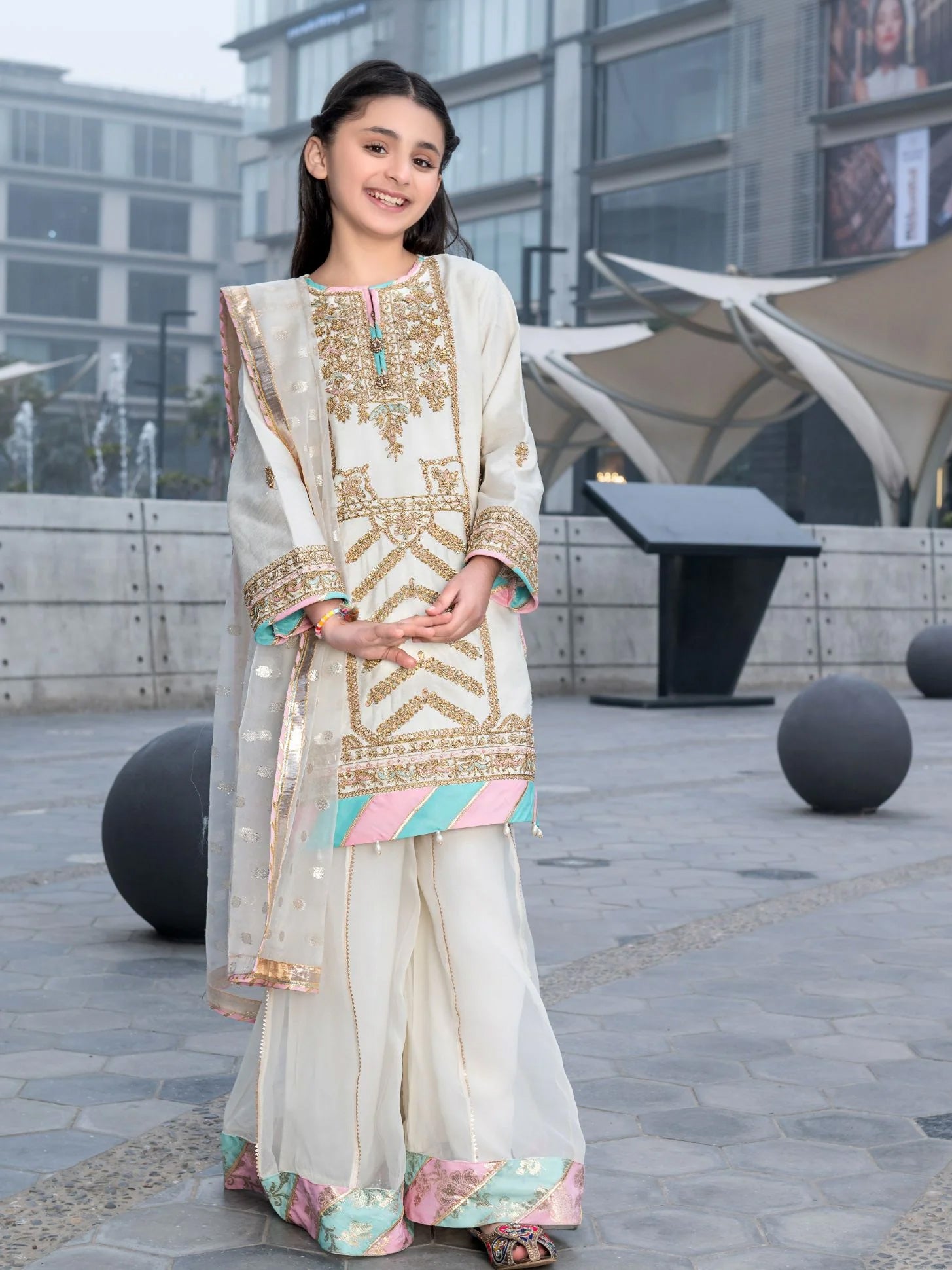 Ally's Kids White Raw Silk Suit with Sharara (AL-3779K)