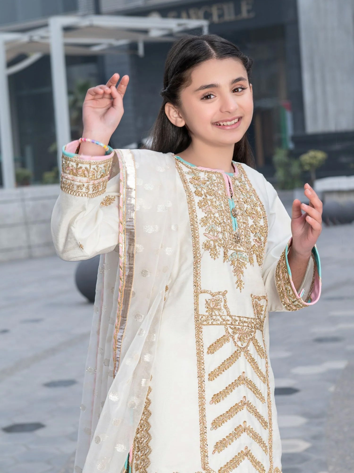 Ally's Kids White Raw Silk Suit with Sharara (AL-3779K)