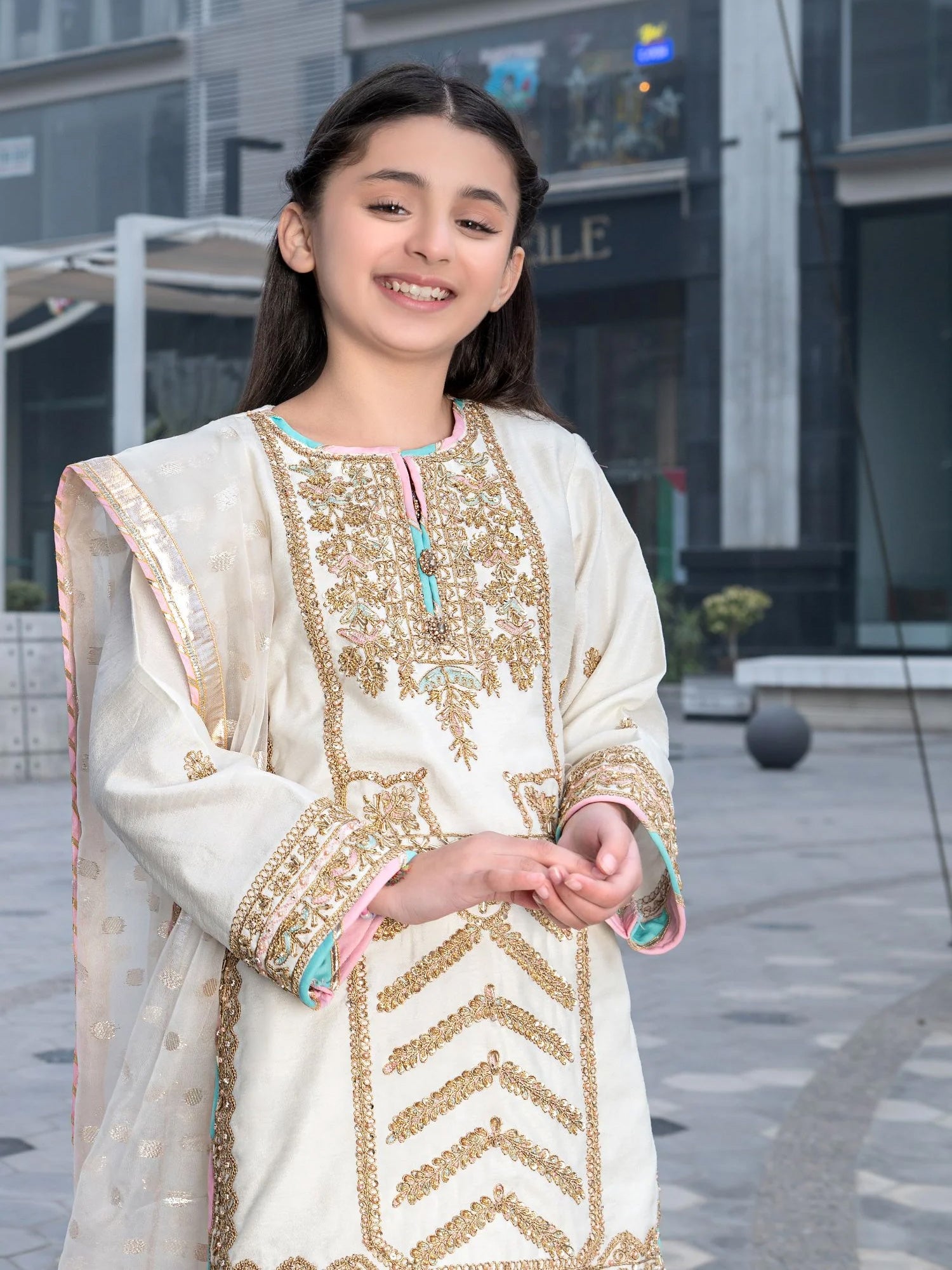 Ally's Kids White Raw Silk Suit with Sharara (AL-3779K)