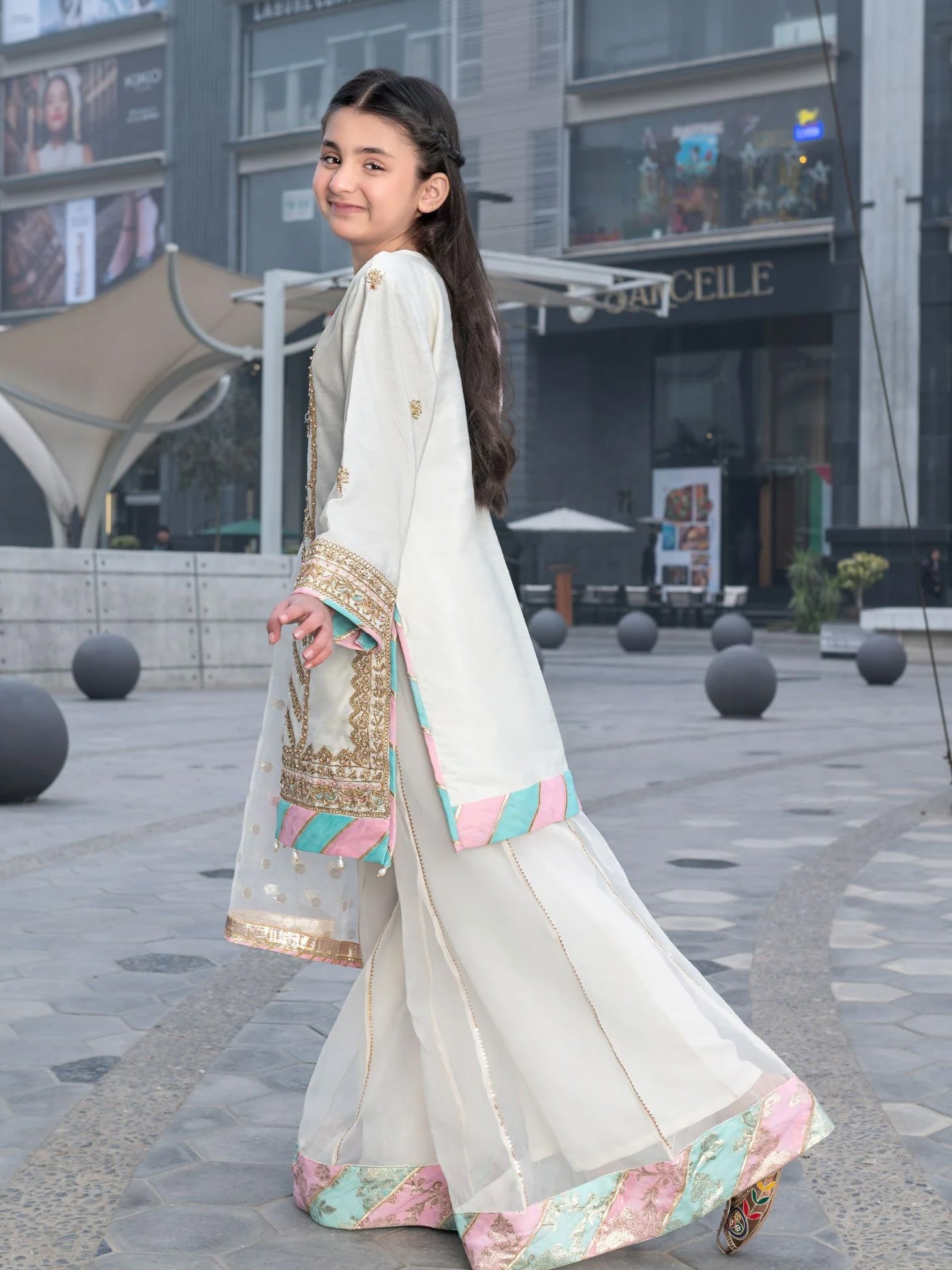 Ally's Kids White Raw Silk Suit with Sharara (AL-3779K)