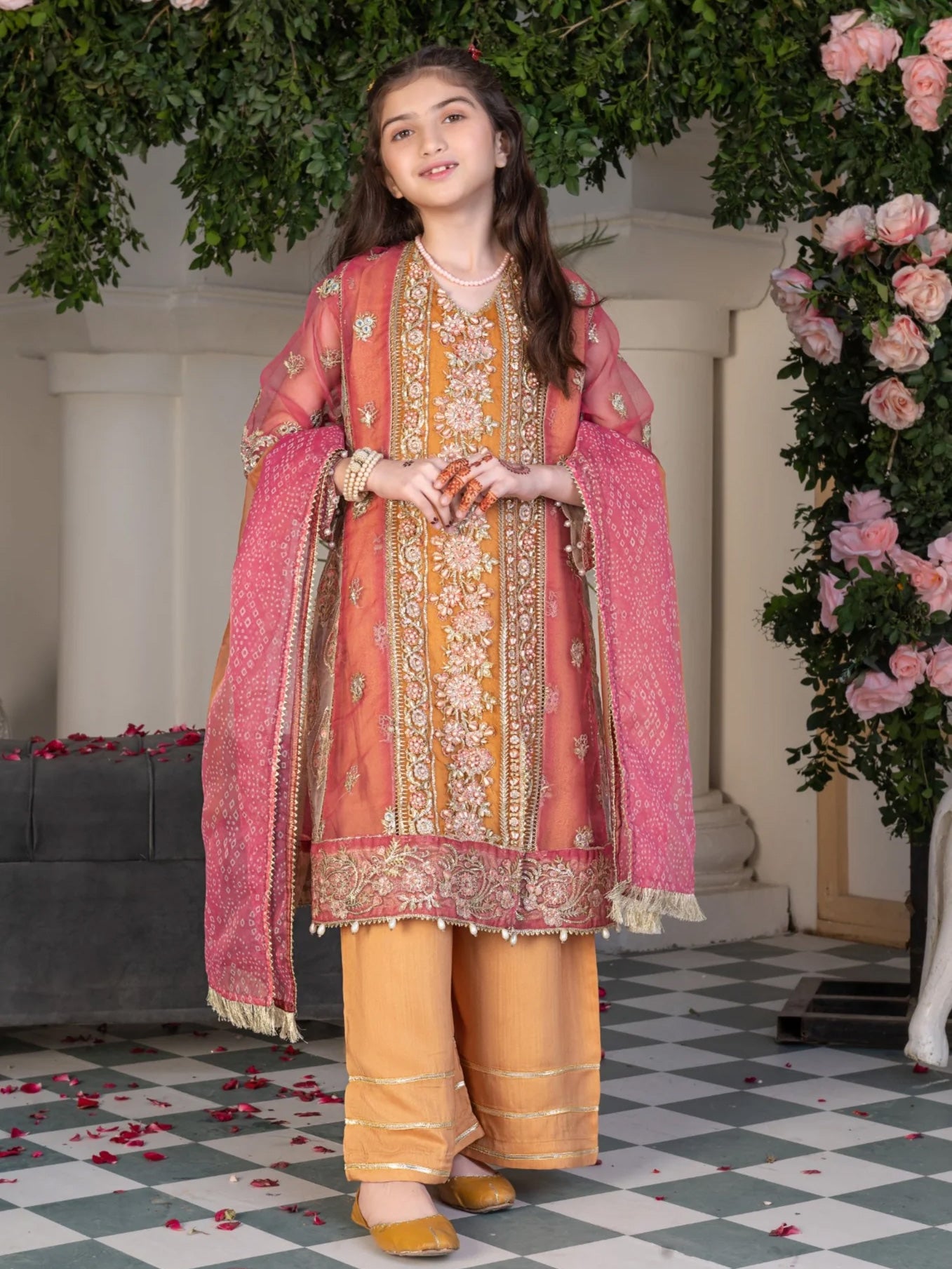 Ally's Kids Orange & Pink Embroidered Organza Suit (AL-3794)