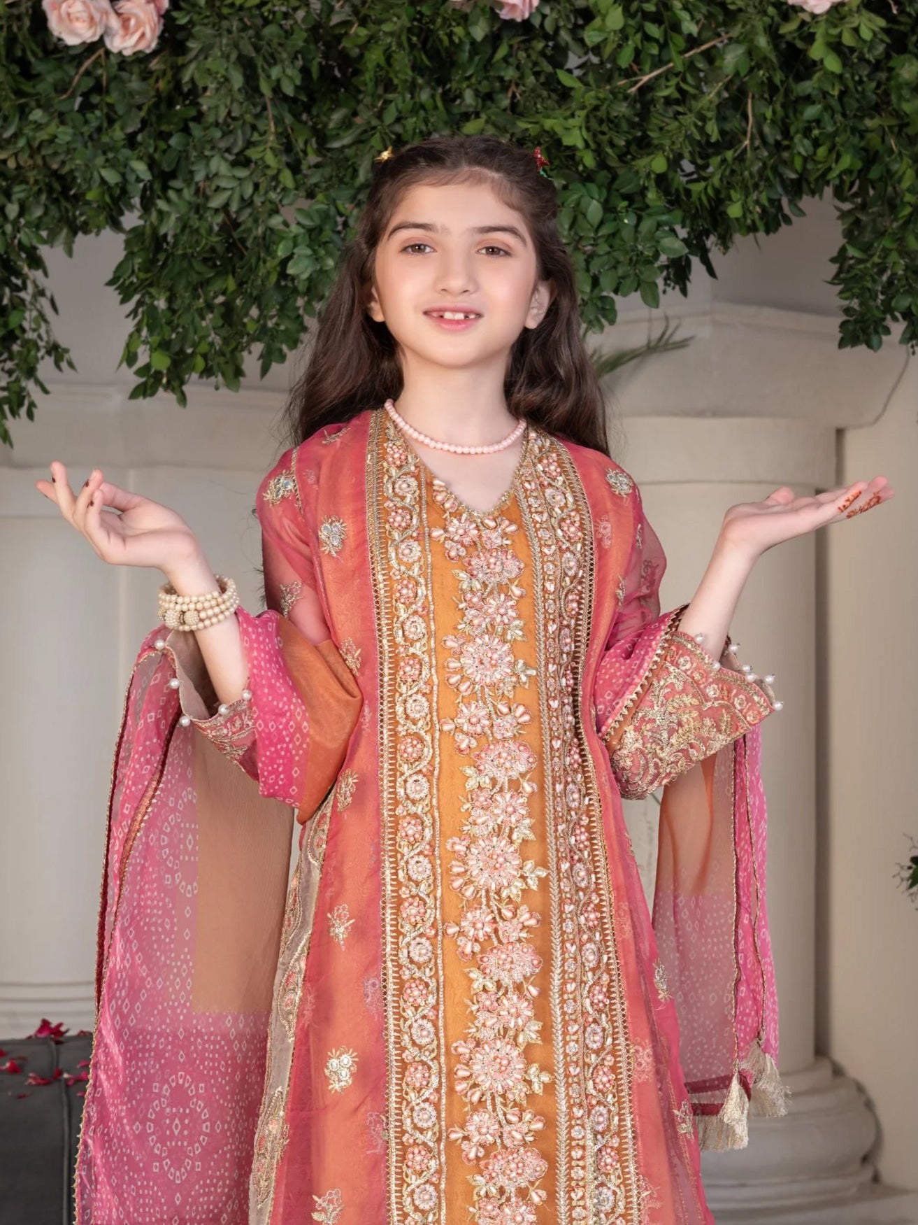 Ally's Kids Orange & Pink Embroidered Organza Suit (AL-3794)