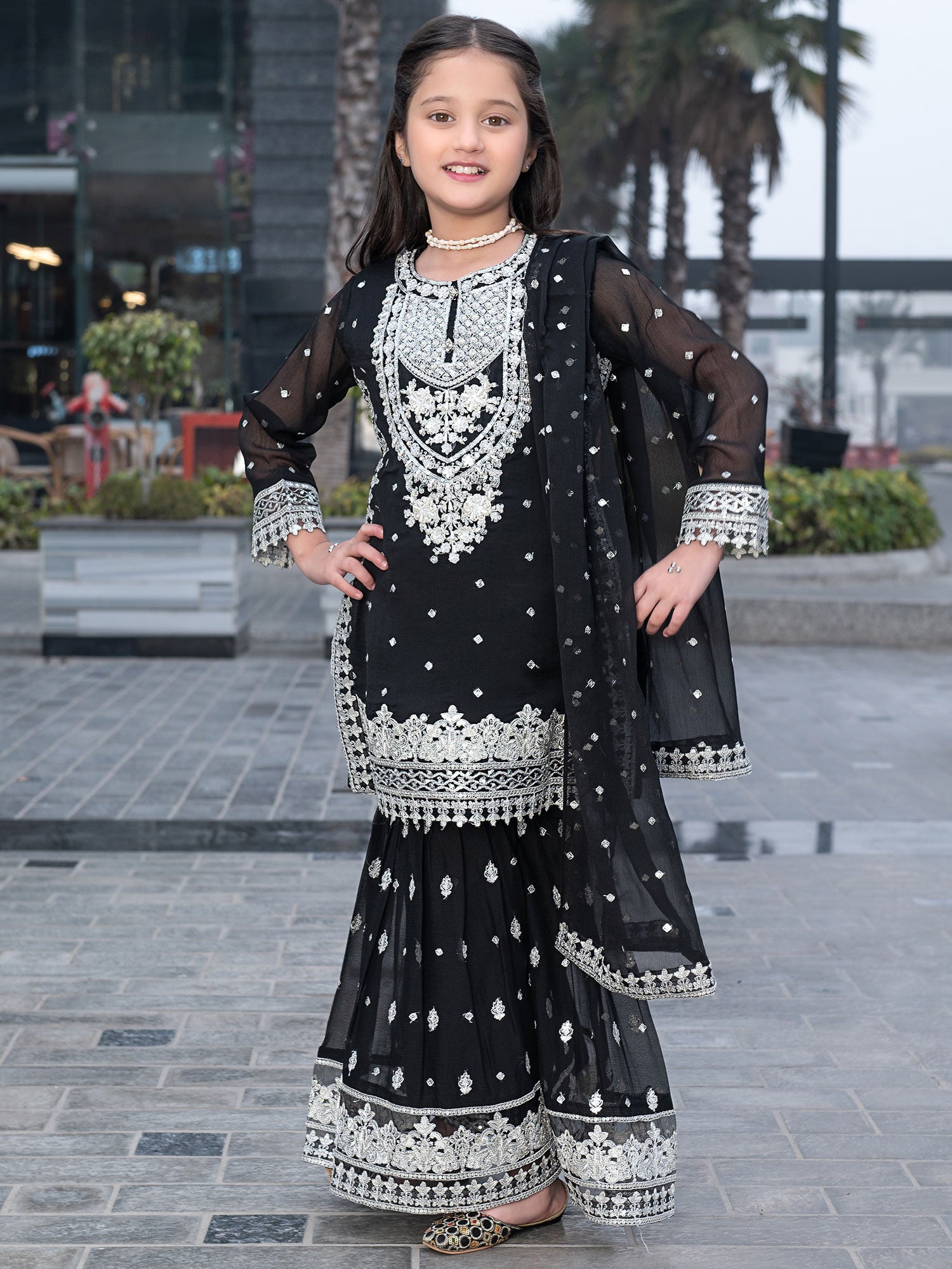 Ally's Kids Black Embroidered Chiffon Suit with Gharara (AL-3837)