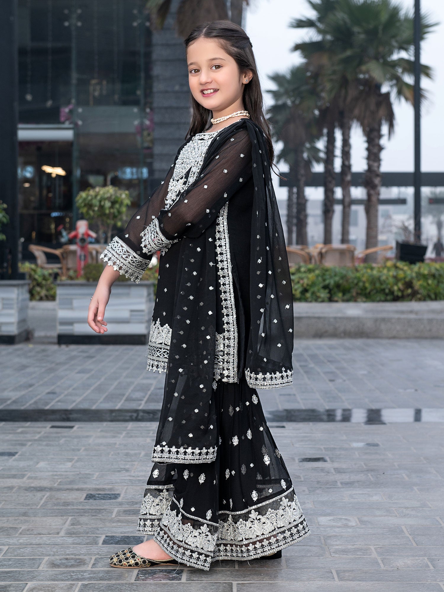 Ally's Kids Black Embroidered Chiffon Suit with Gharara (AL-3837)