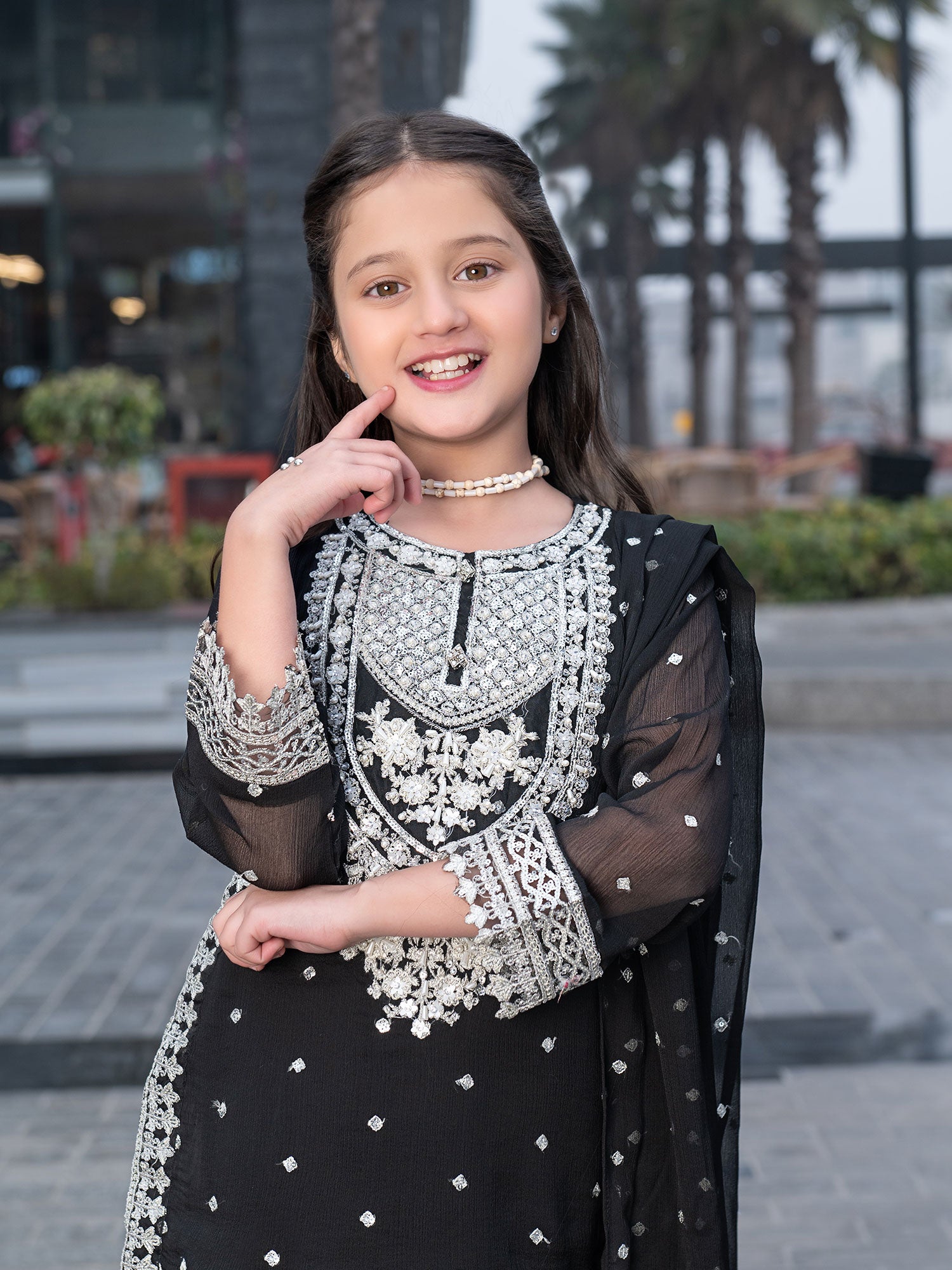 Ally's Kids Black Embroidered Chiffon Suit with Gharara (AL-3837)