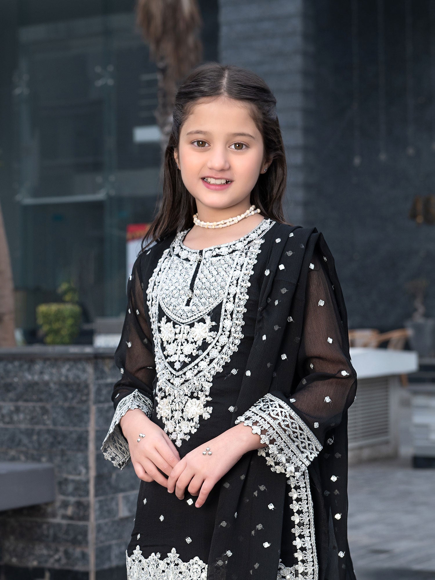 Ally's Kids Black Embroidered Chiffon Suit with Gharara (AL-3837)