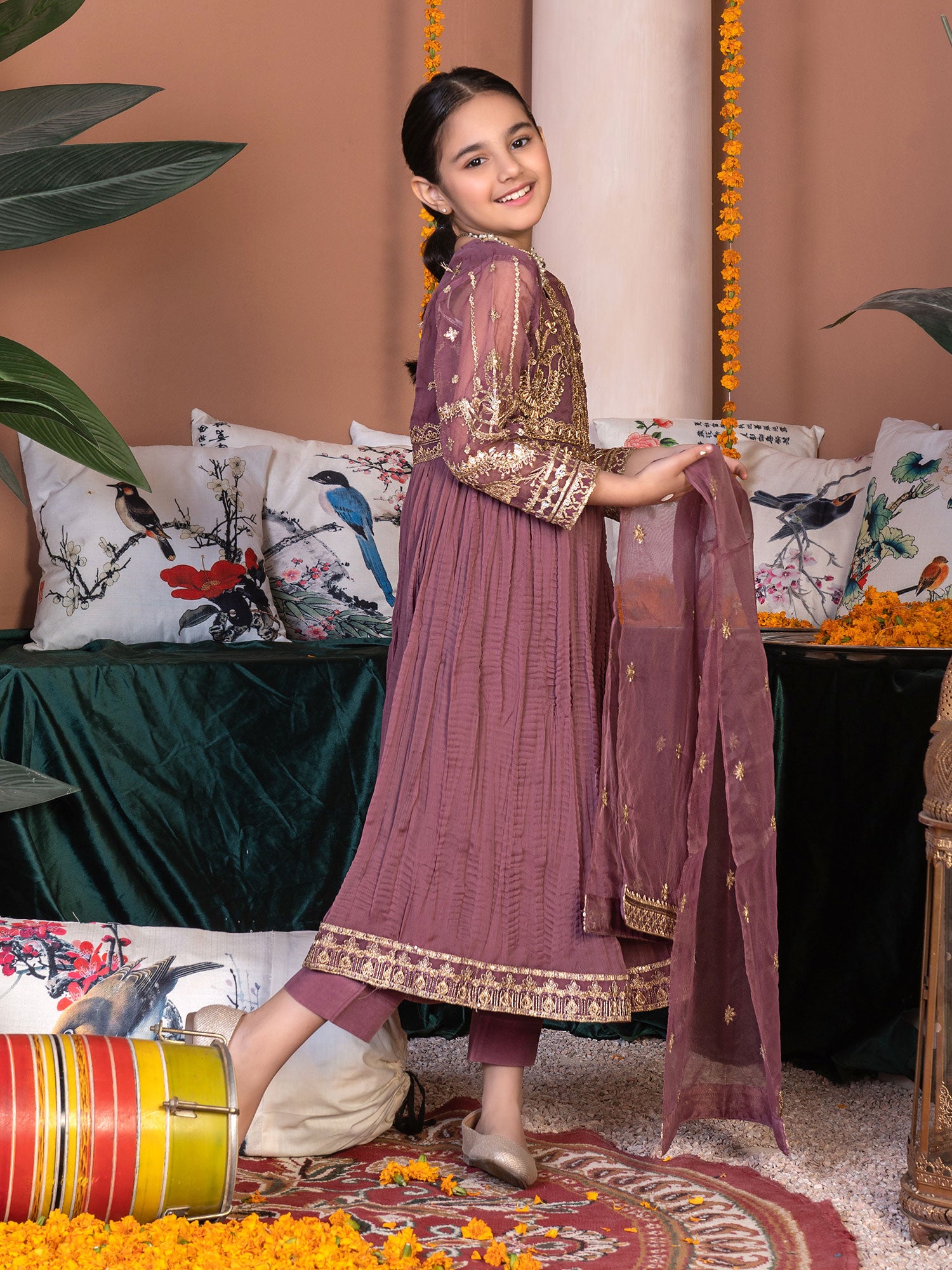 Ally's Kids Mauve Embroidered Chiffon Maxi Suit (AL-3841)