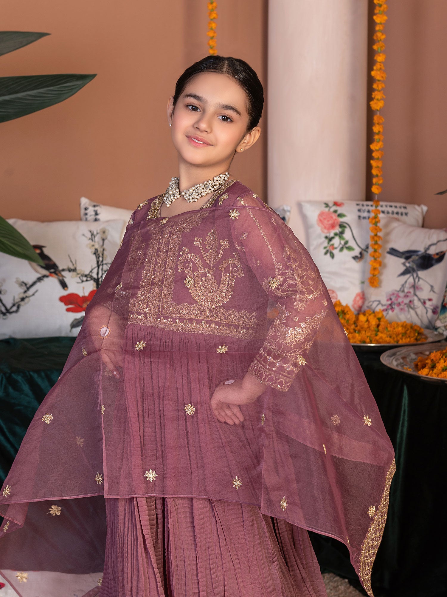 Ally's Kids Mauve Embroidered Chiffon Maxi Suit (AL-3841)