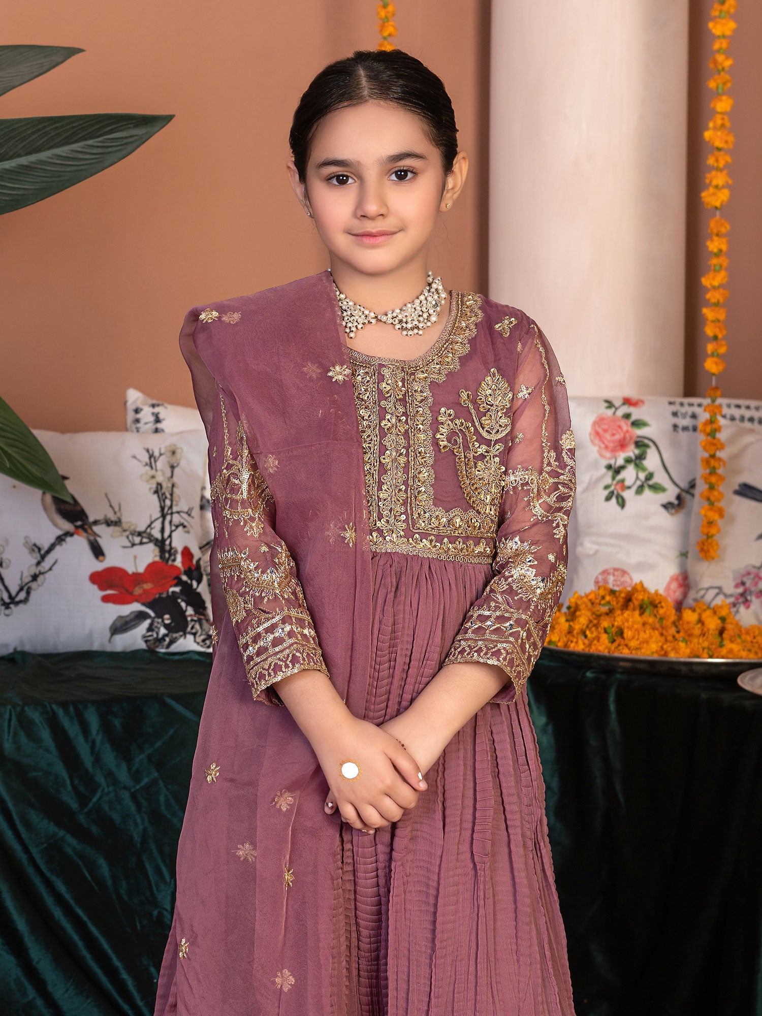 Ally's Kids Mauve Embroidered Chiffon Maxi Suit (AL-3841)