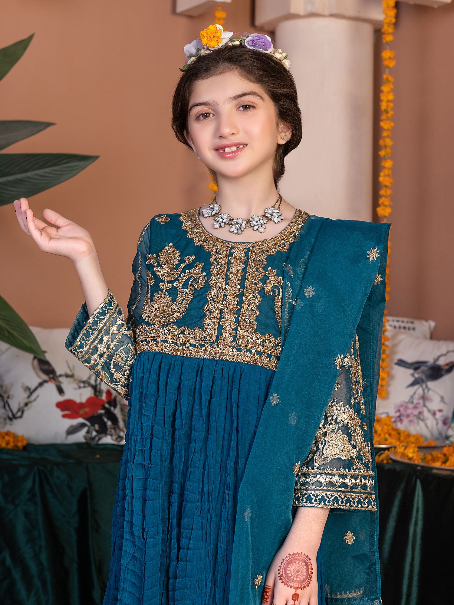 Ally's Kids Zinc Embroidered Chiffon Maxi Suit (AL-3841)