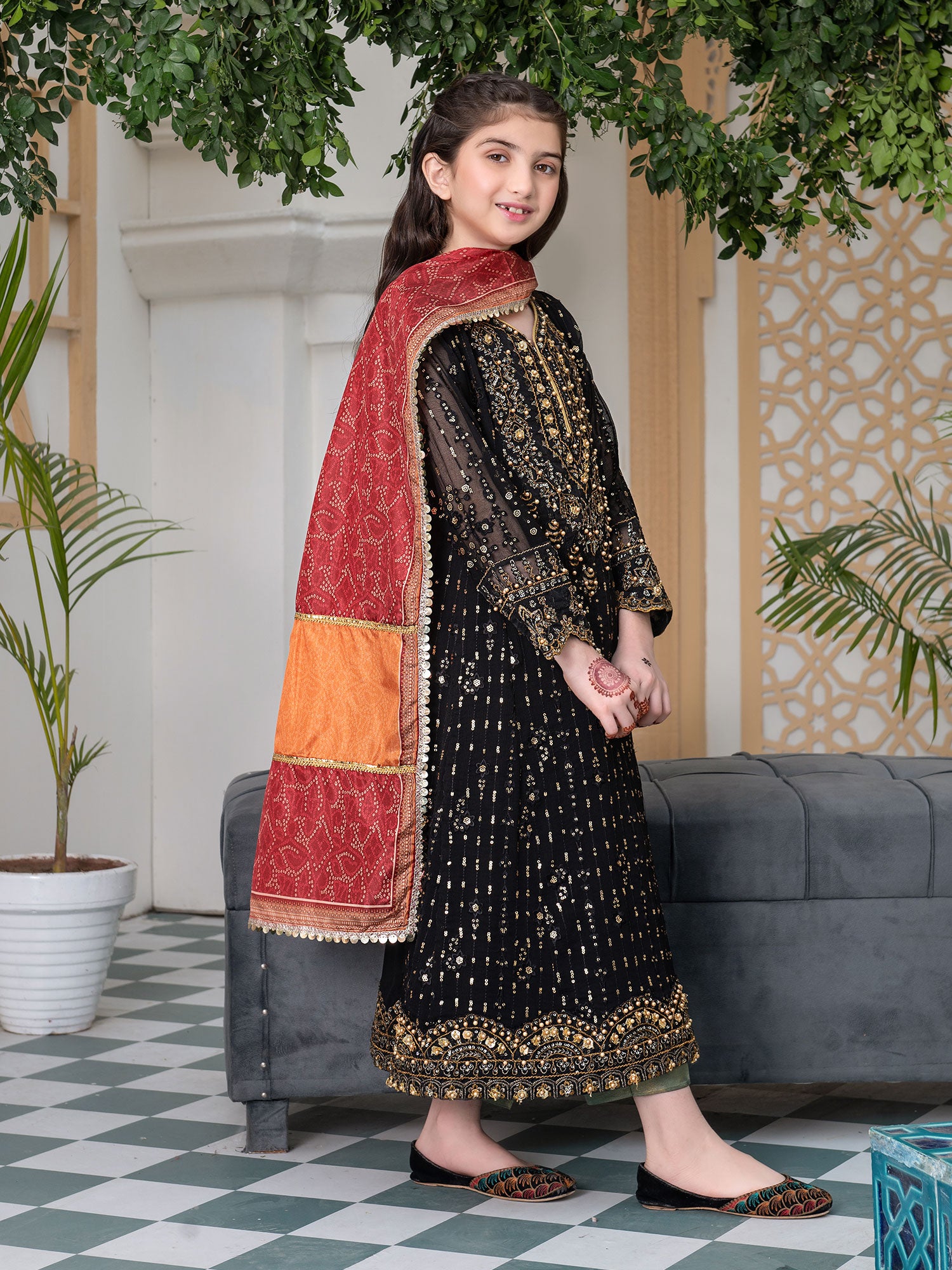 Ally's Kids Black Embroidered Chiffon Maxi Suit (AL-3864)