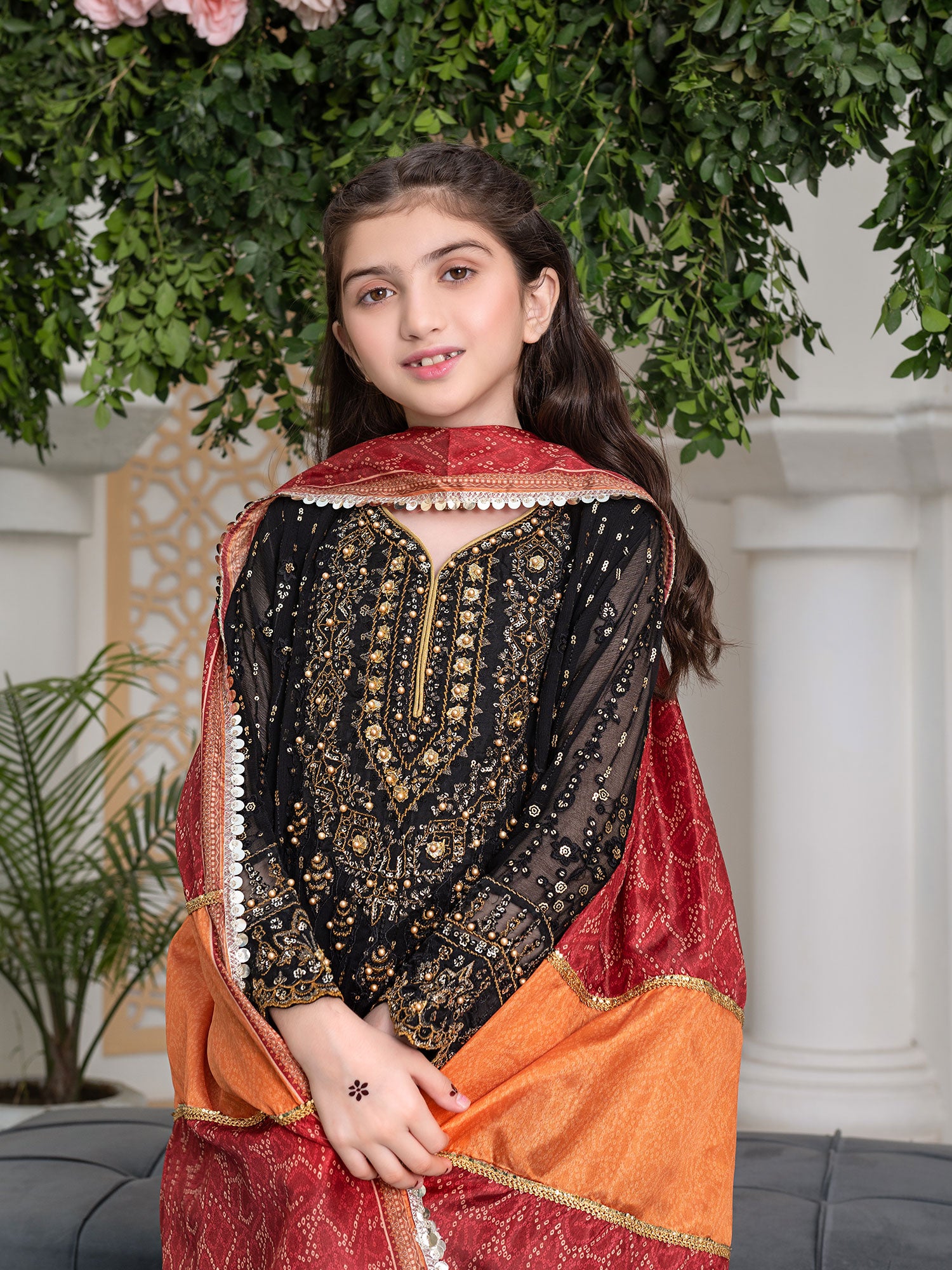 Ally's Kids Black Embroidered Chiffon Maxi Suit (AL-3864)