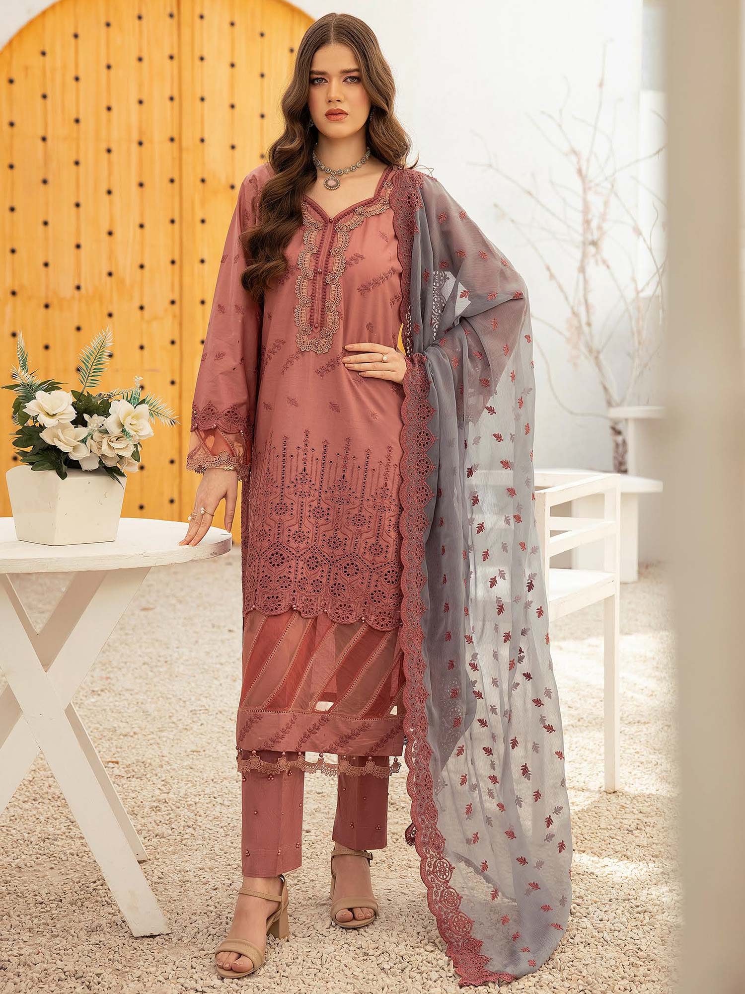 Ally's Chikankari Edits Dusky Pink 3-Piece Suit (AL-833)