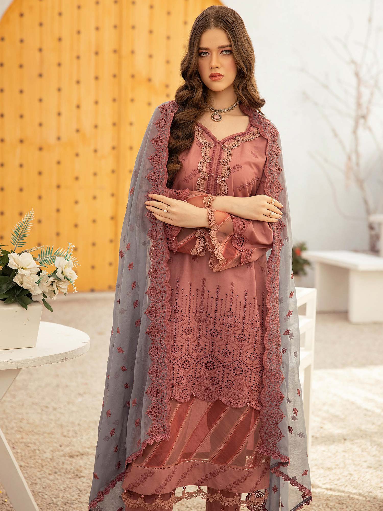 Ally's Chikankari Edits Dusky Pink 3-Piece Suit (AL-833)