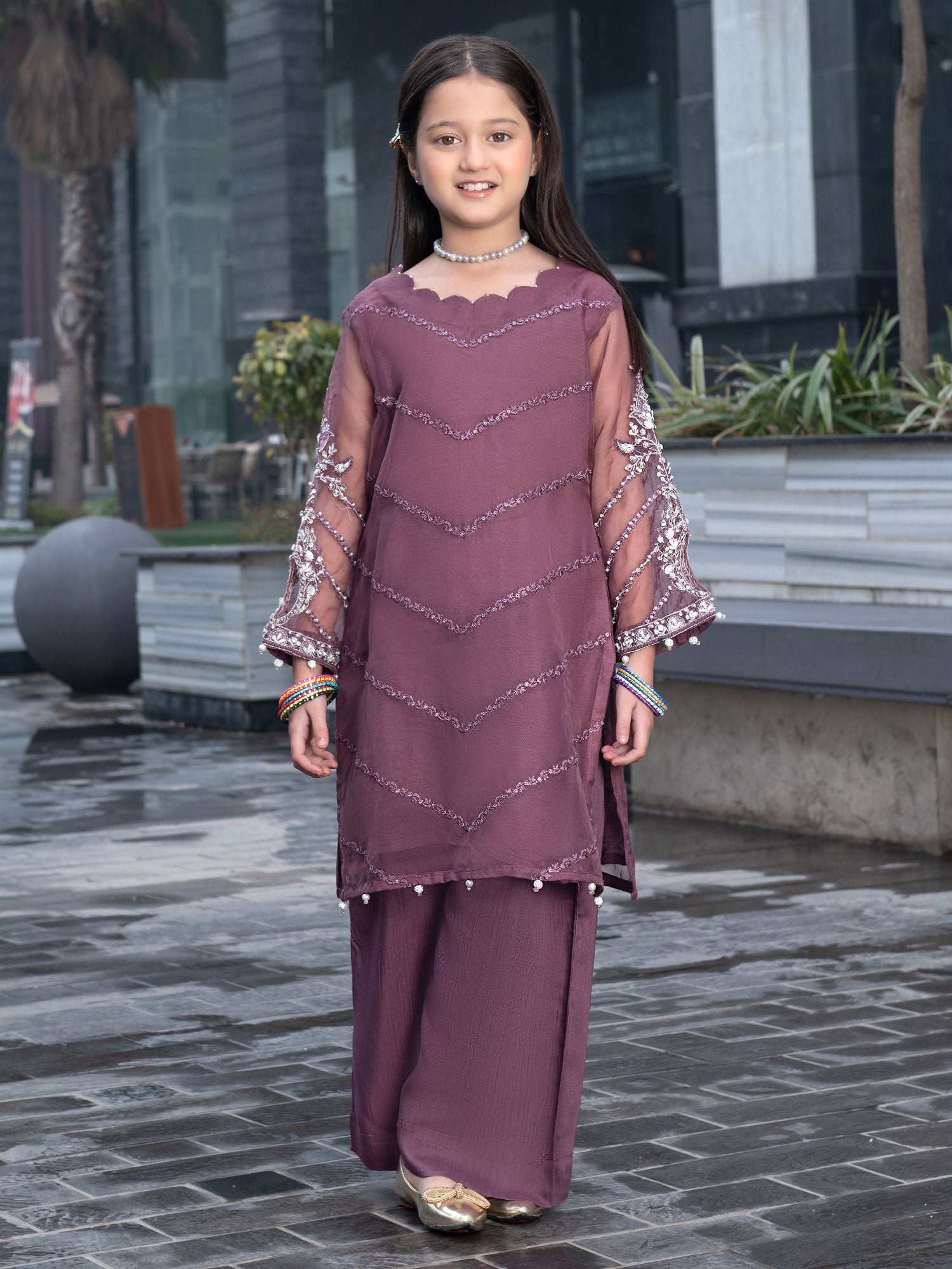 Ally's Kids Purple Embroidered Organza Suit with Palazzo (AN-45)