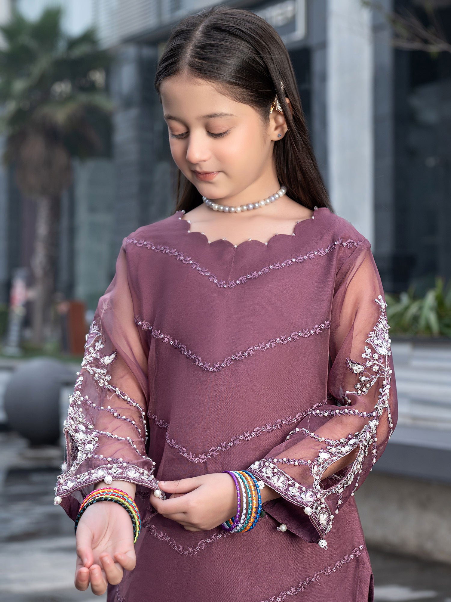 Ally's Kids Purple Embroidered Organza Suit with Palazzo (AN-45)