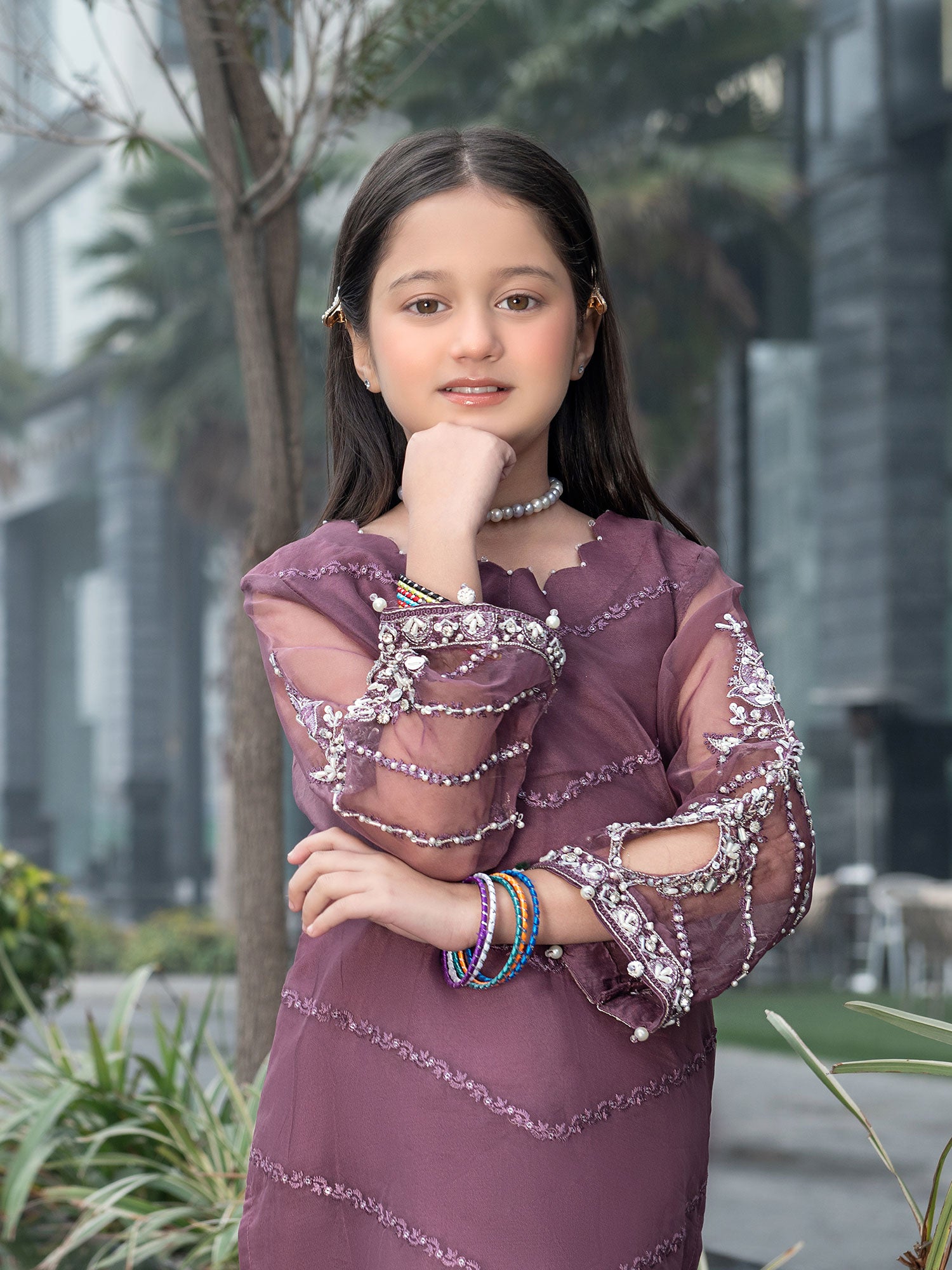 Ally's Kids Purple Embroidered Organza Suit with Palazzo (AN-45)