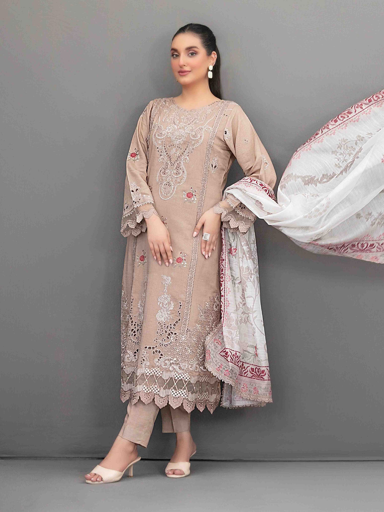 Tawakkal "Aezal" Semi-Stitched Embroidered Viscose Beige Suit (D-3617)