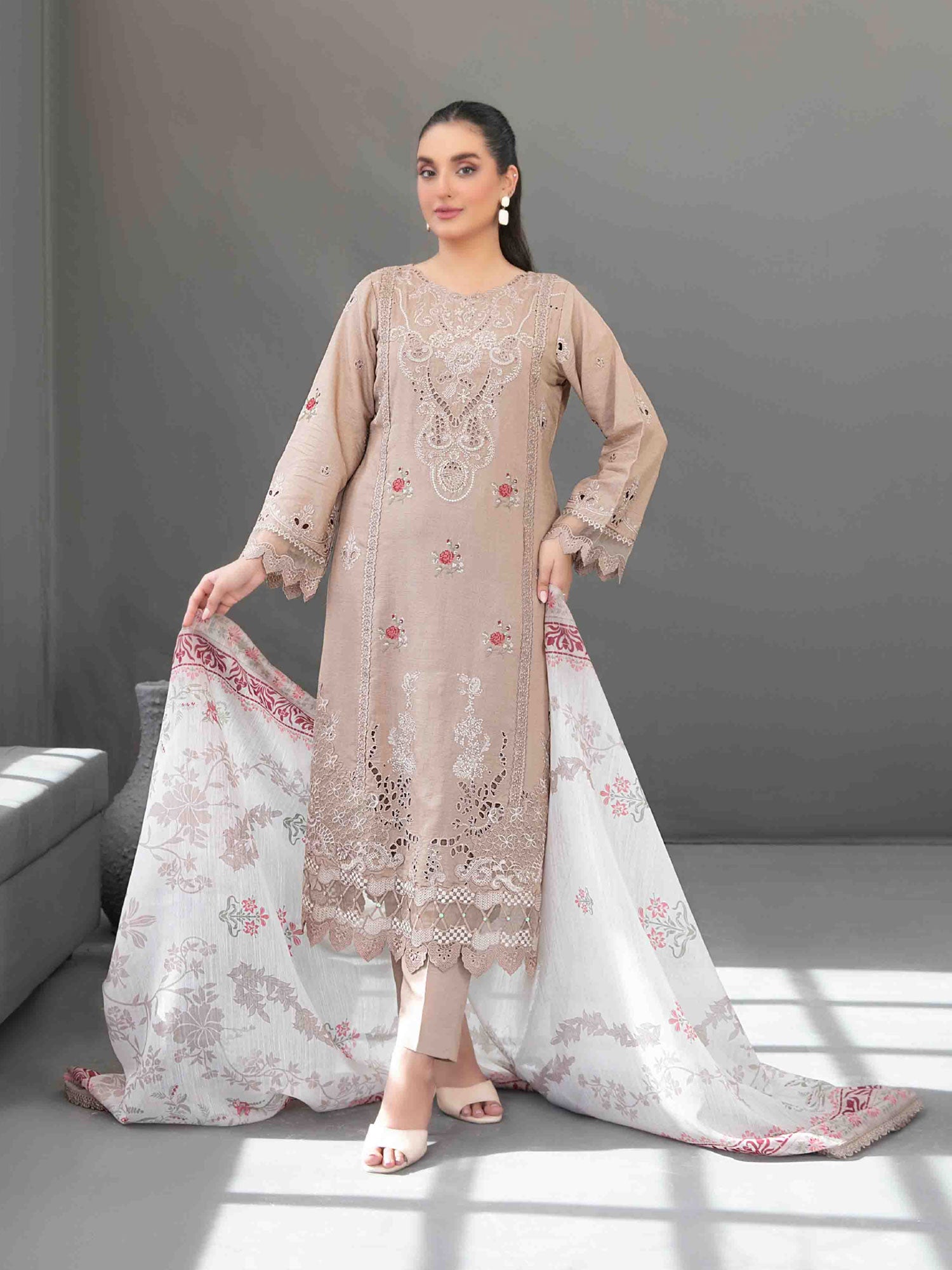 Tawakkal "Aezal" Semi-Stitched Embroidered Viscose Beige Suit (D-3617)