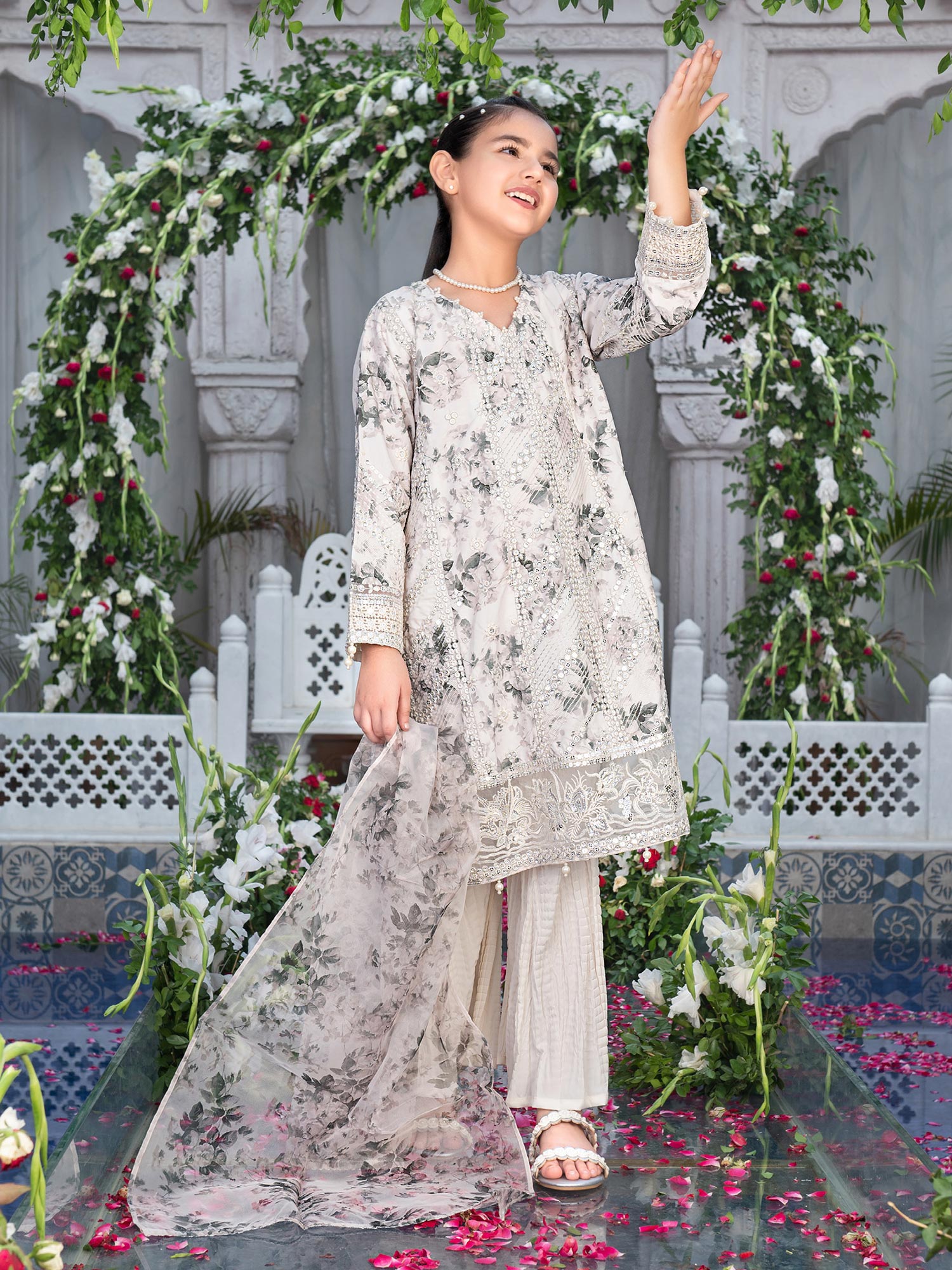 Ally's Kids Off-White Silk Suit with Sharara (DGP-235)