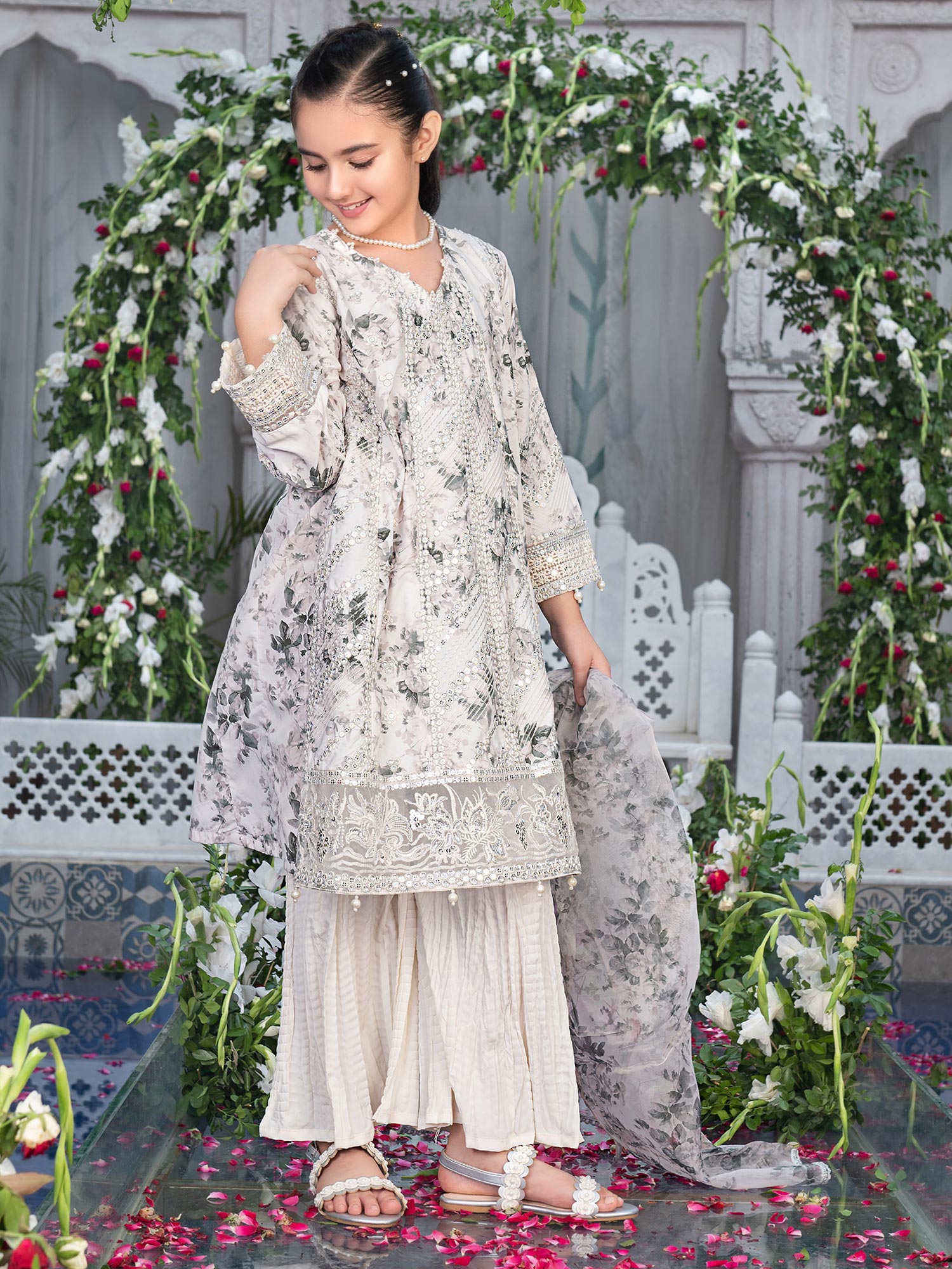 Ally's Kids Off-White Silk Suit with Sharara (DGP-235)