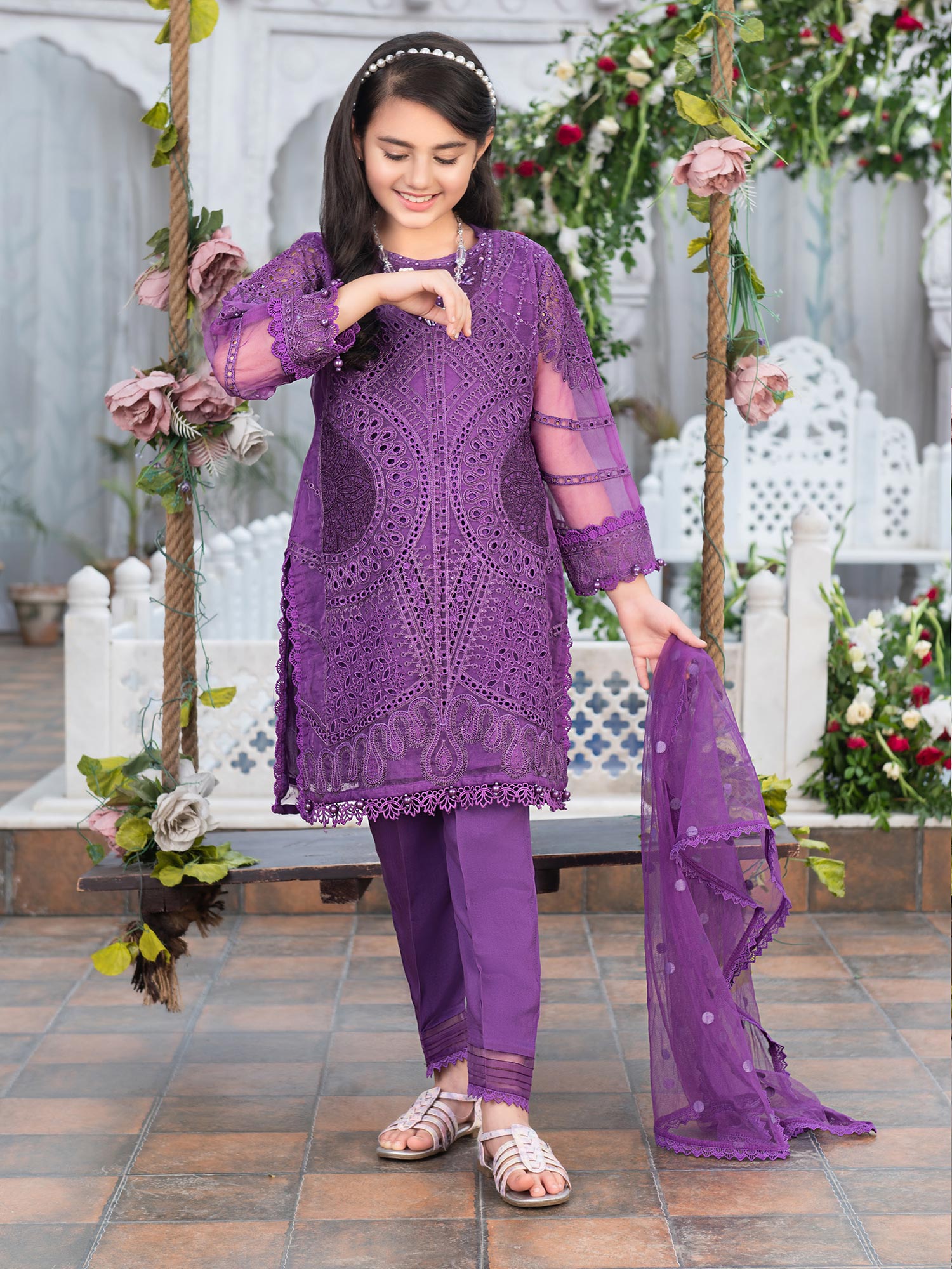 Ally's Kids Purple Organza Chikankari Suit (AL-3970)