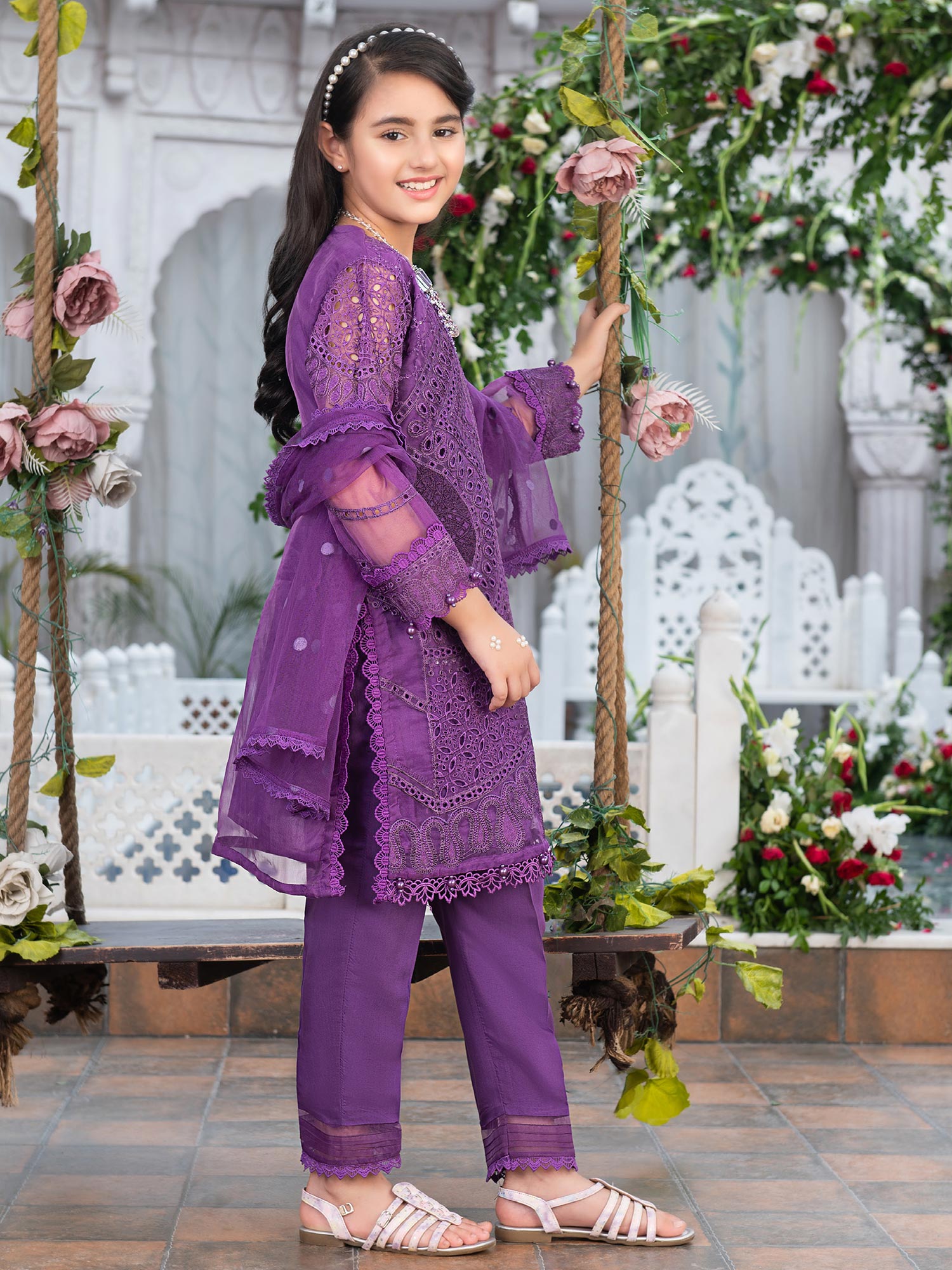 Ally's Kids Purple Organza Chikankari Suit (AL-3970)