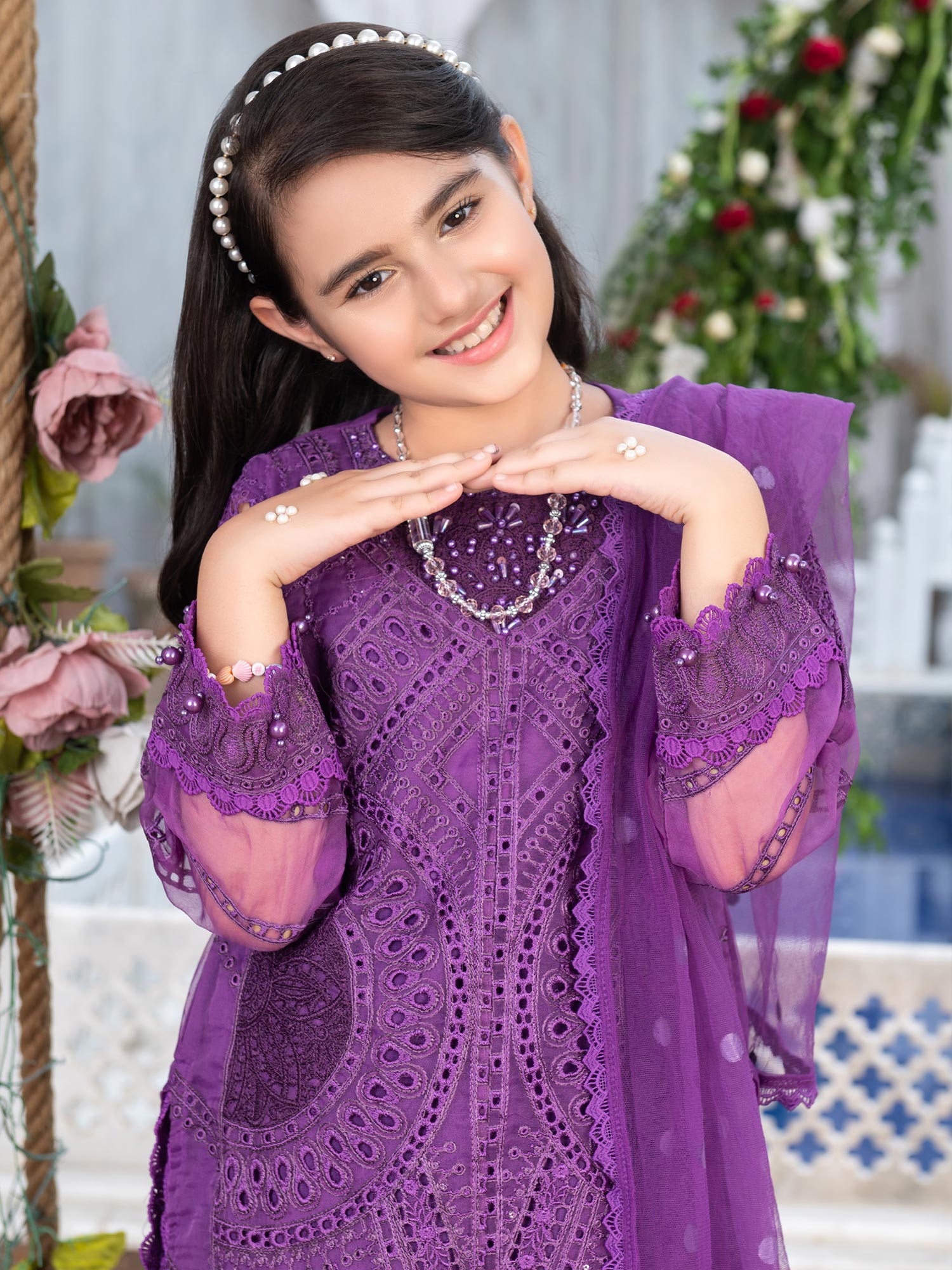 Ally's Kids Purple Organza Chikankari Suit (AL-3970)