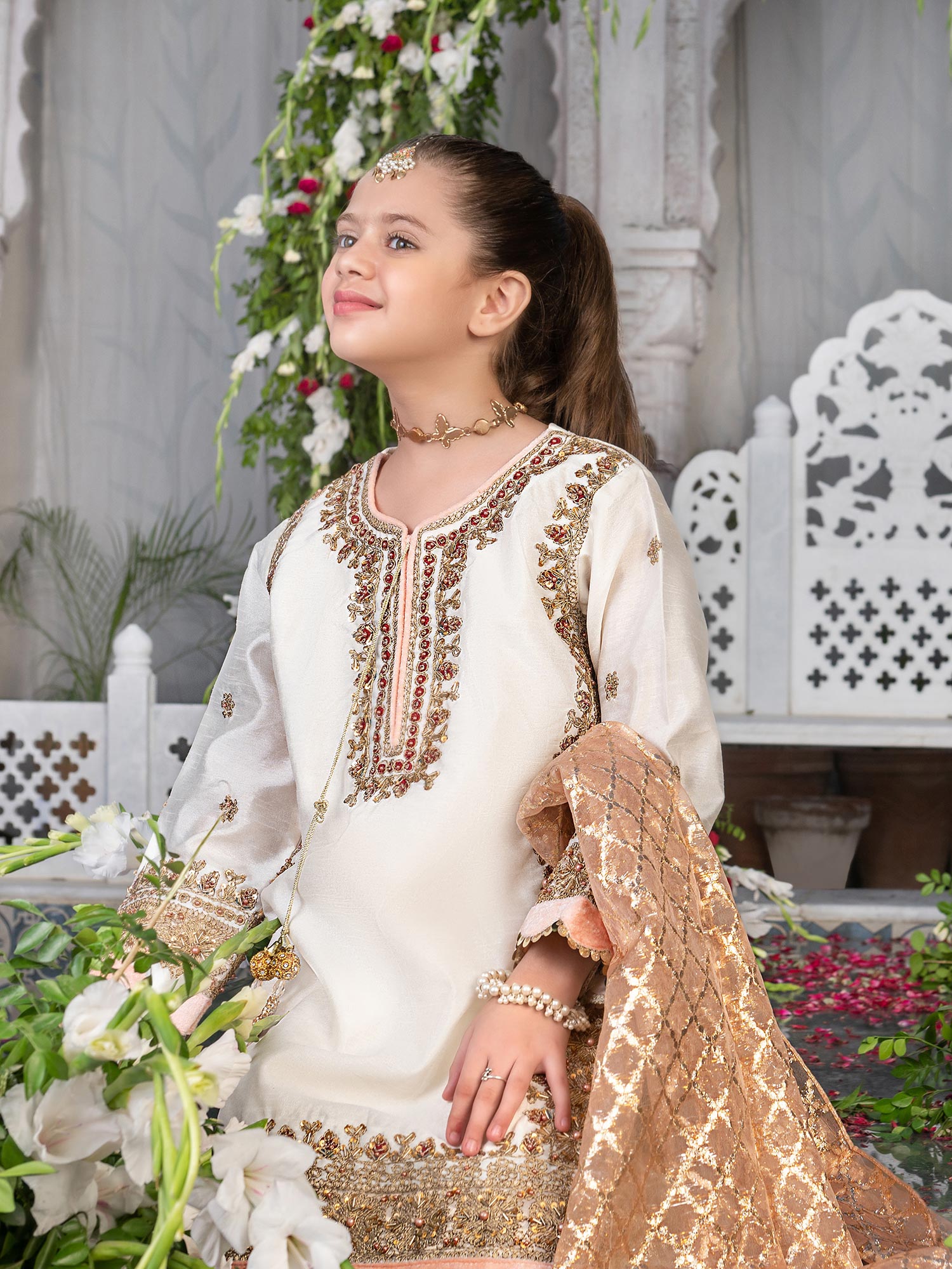 Ally's Kids Off-White Raw Silk Suit with Sharara (AR-83)