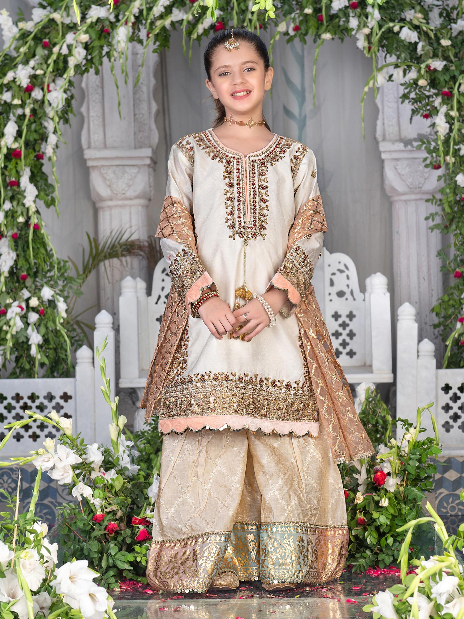 Ally's Kids Off-White Raw Silk Suit with Sharara (AR-83)