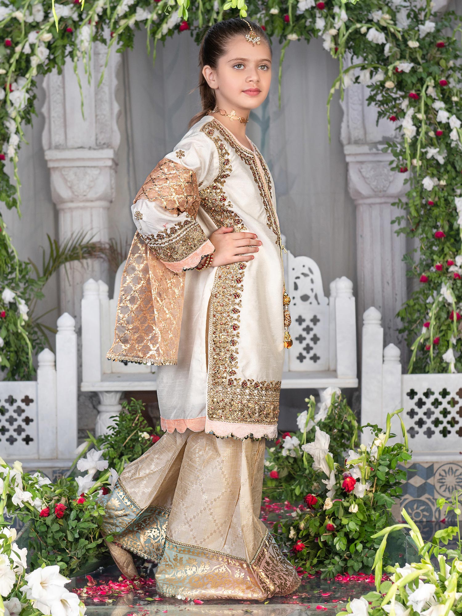 Ally's Kids Off-White Raw Silk Suit with Sharara (AR-83)