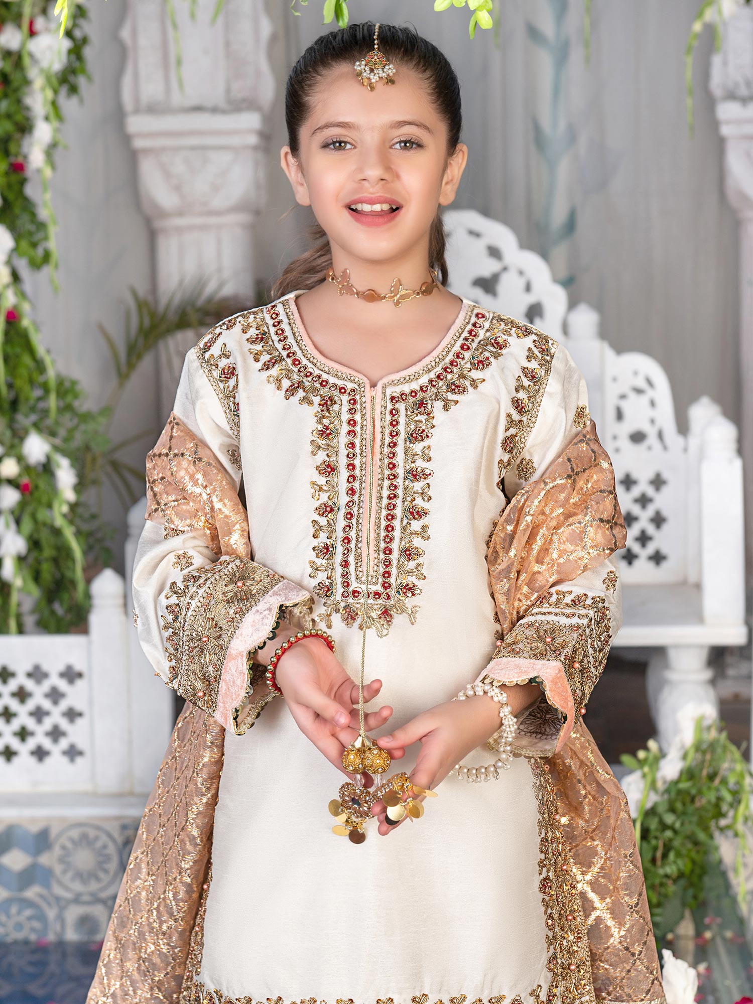 Ally's Kids Off-White Raw Silk Suit with Sharara (AR-83)