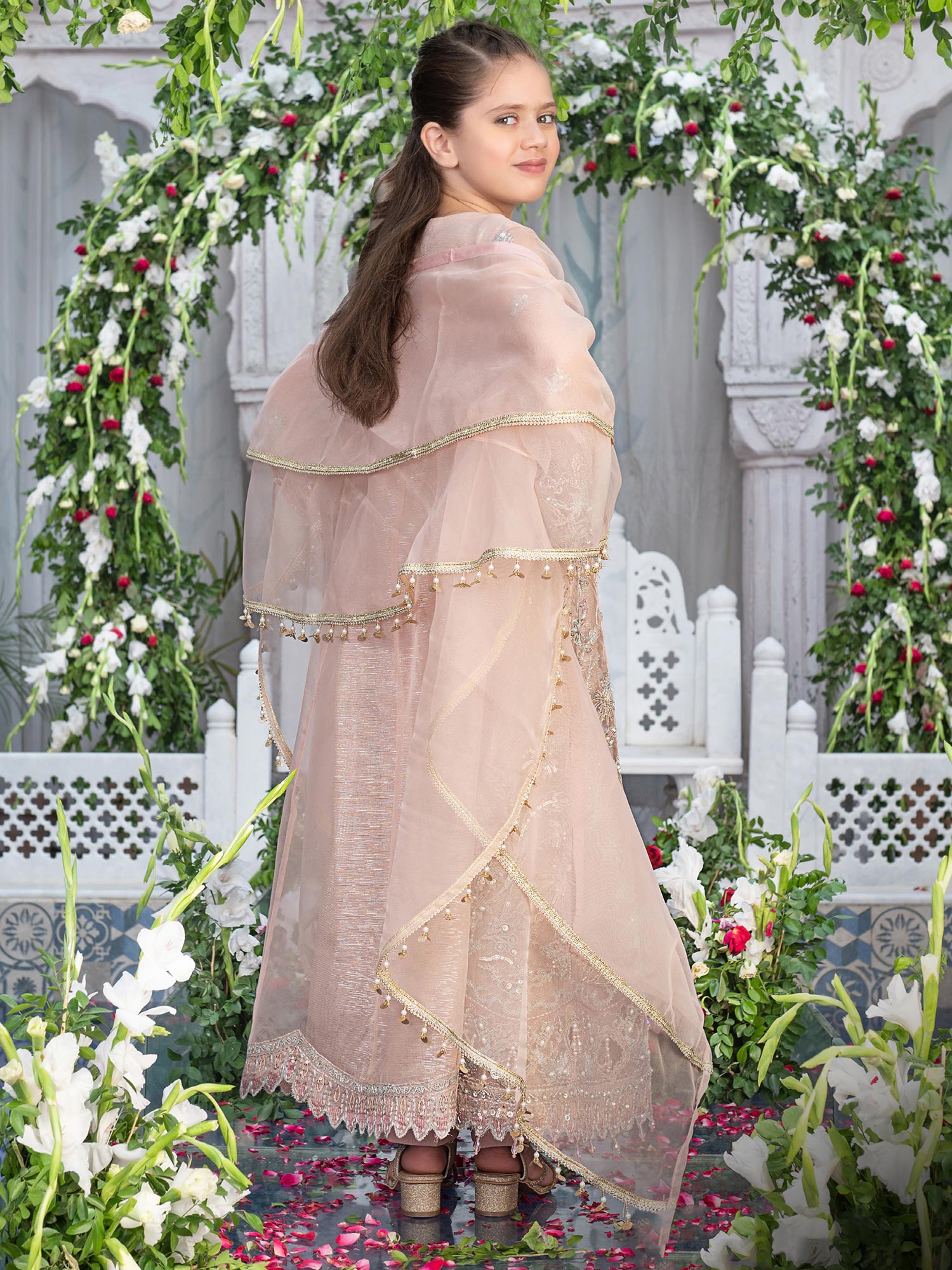 Ally's Kids Peach Embroidered Organza Suit (AL-3659)