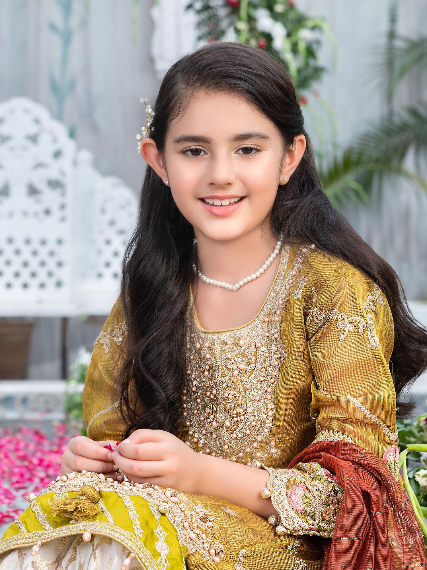 Ally's Kids Mustard Khadi Net Suit with Gharara (AL-3995)