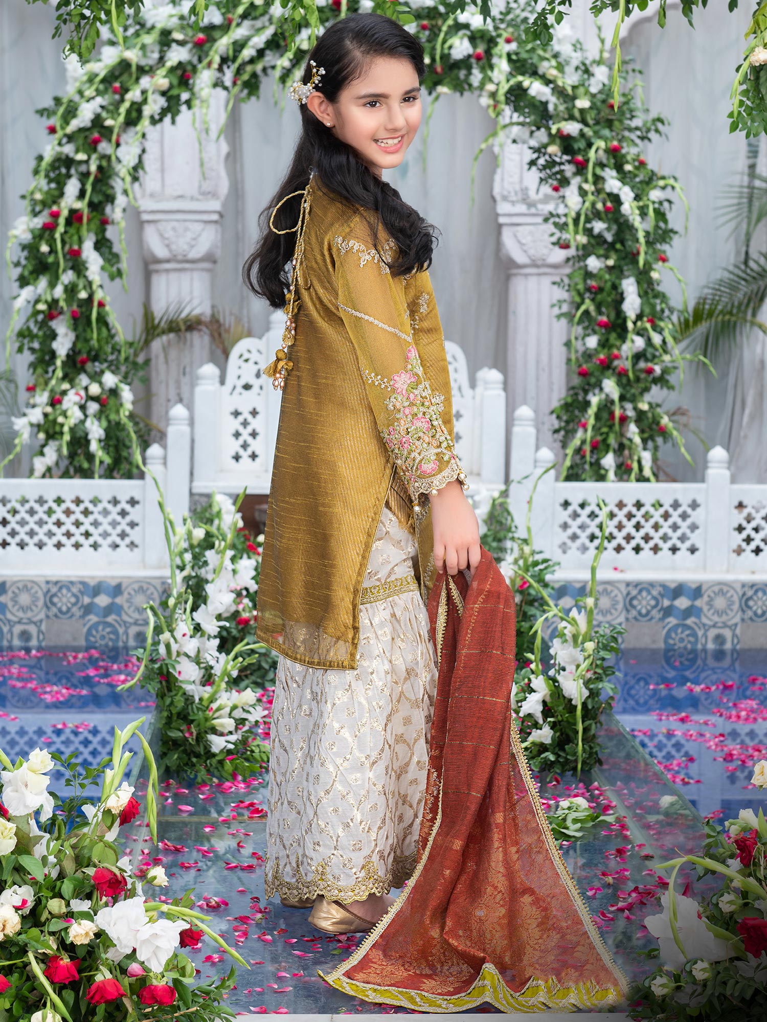 Ally's Kids Mustard Khadi Net Suit with Gharara (AL-3995)