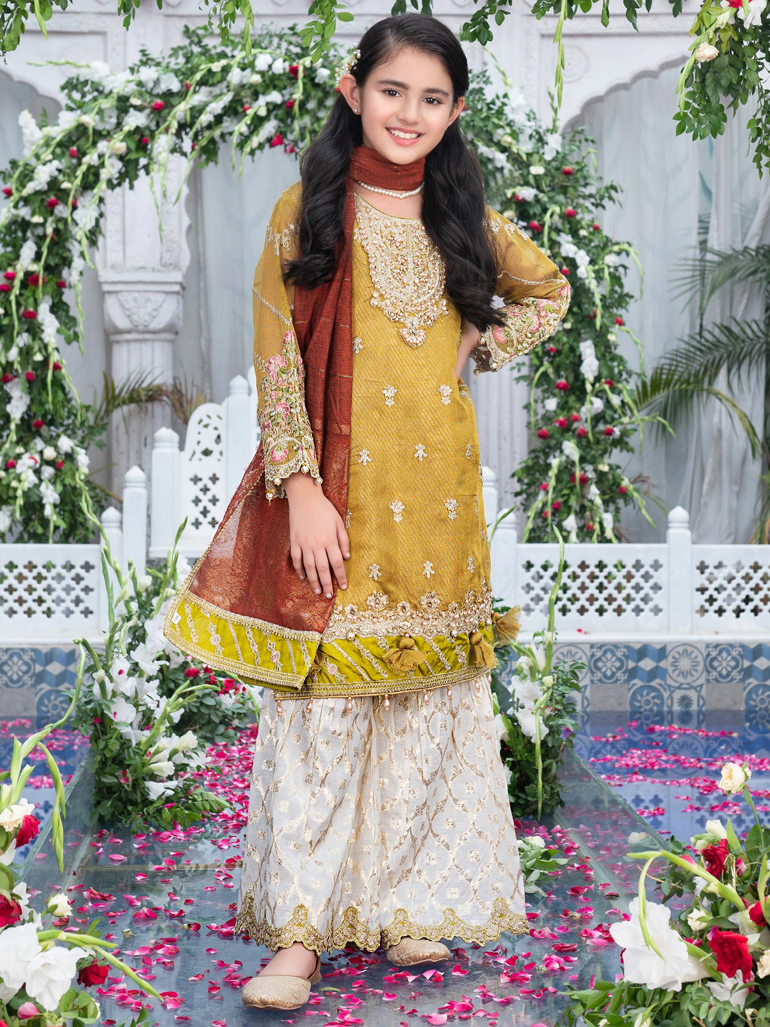 Ally's Kids Mustard Khadi Net Suit with Gharara (AL-3995)