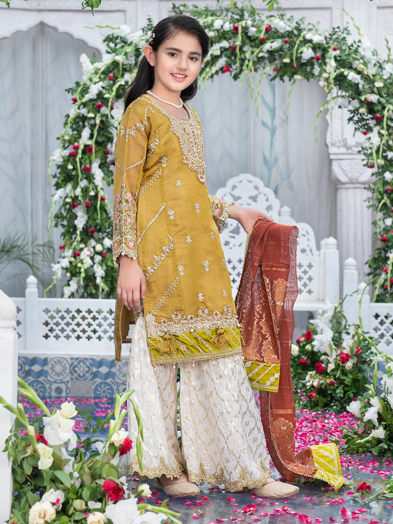 Ally's Kids Mustard Khadi Net Suit with Gharara (AL-3995)