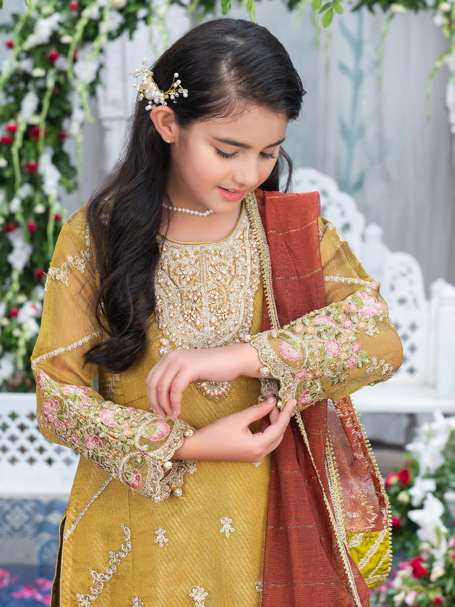 Ally's Kids Mustard Khadi Net Suit with Gharara (AL-3995)