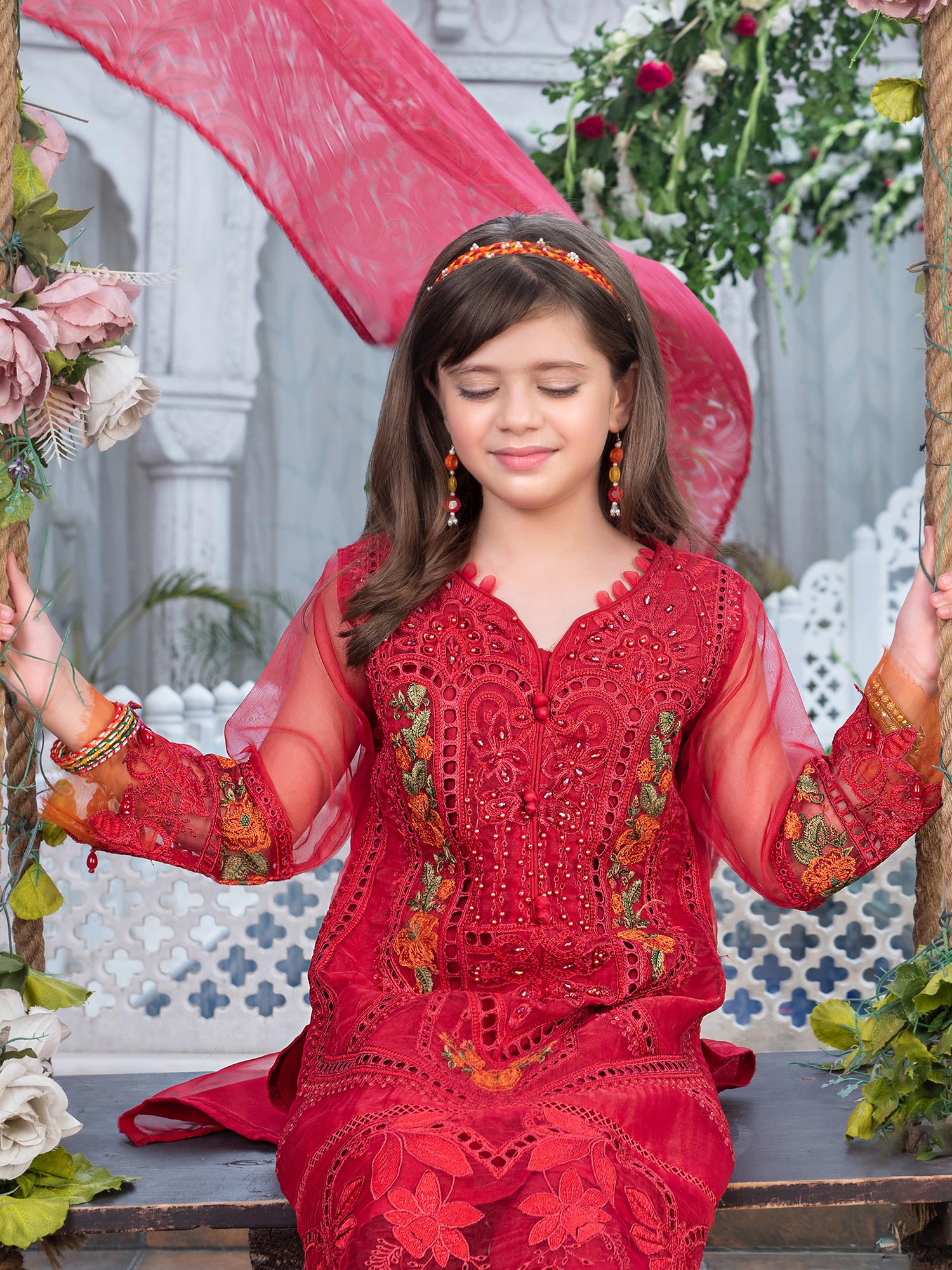 Ally's Kids Red Organza Chikankari Suit (AL-4006)