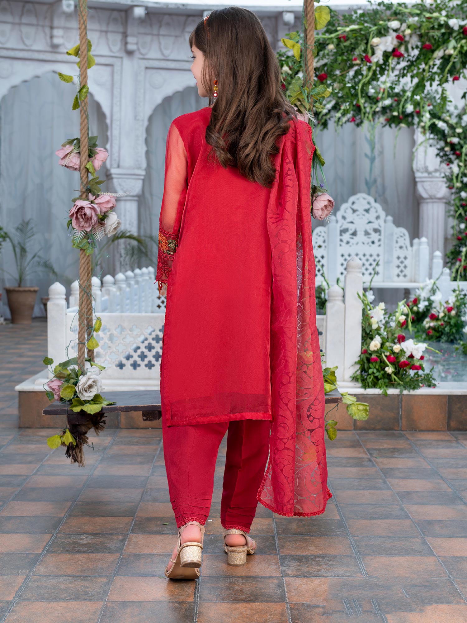 Ally's Kids Red Organza Chikankari Suit (AL-4006)