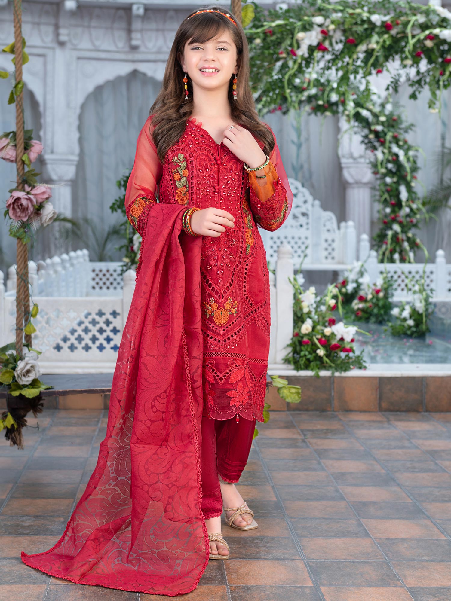 Ally's Kids Red Organza Chikankari Suit (AL-4006)