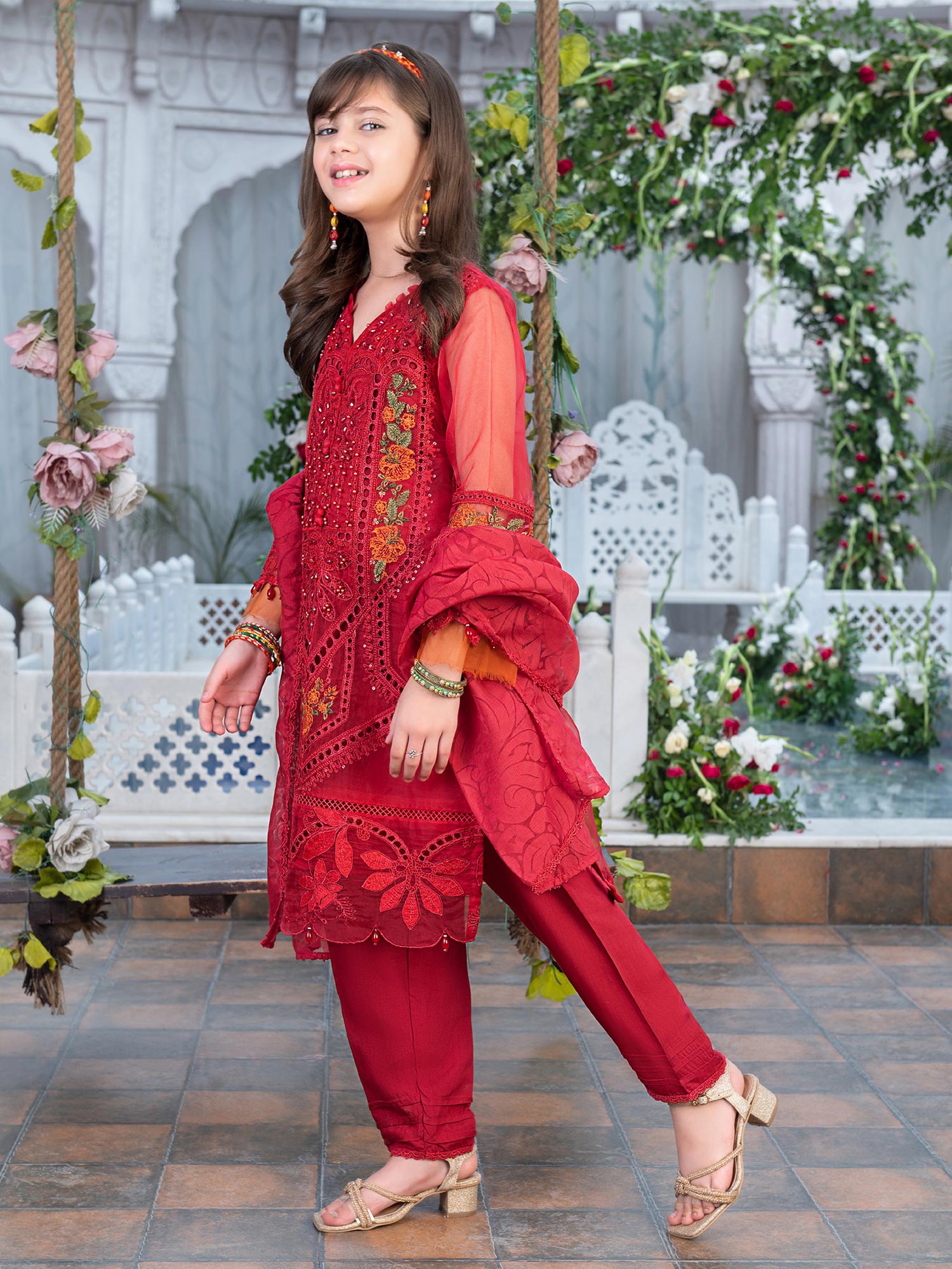 Ally's Kids Red Organza Chikankari Suit (AL-4006)