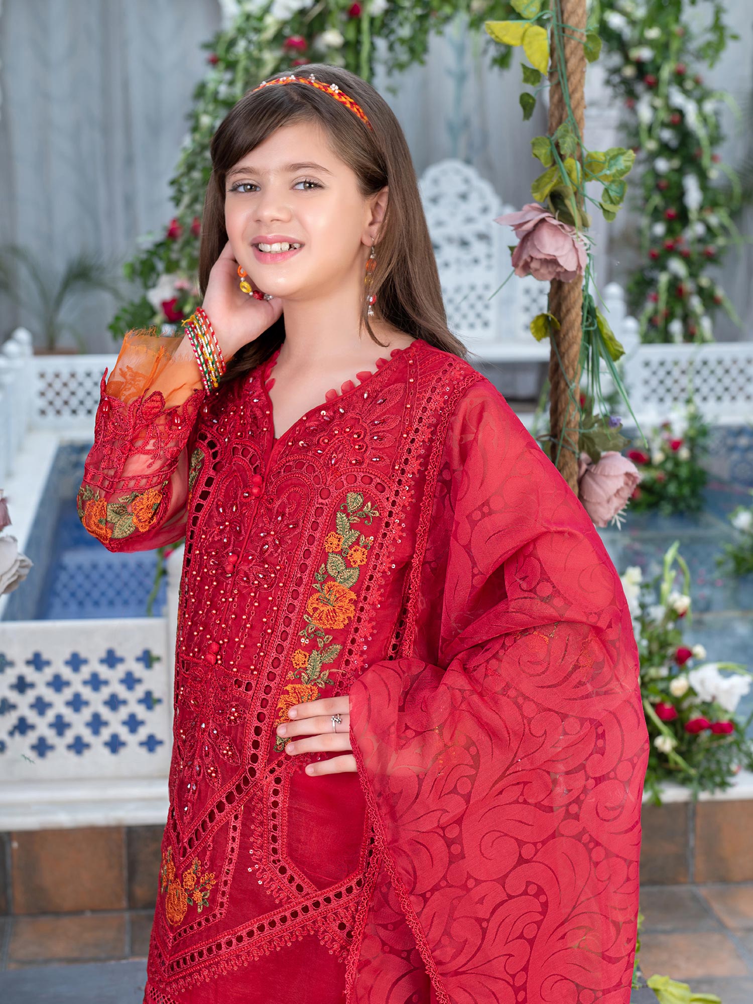 Ally's Kids Red Organza Chikankari Suit (AL-4006)