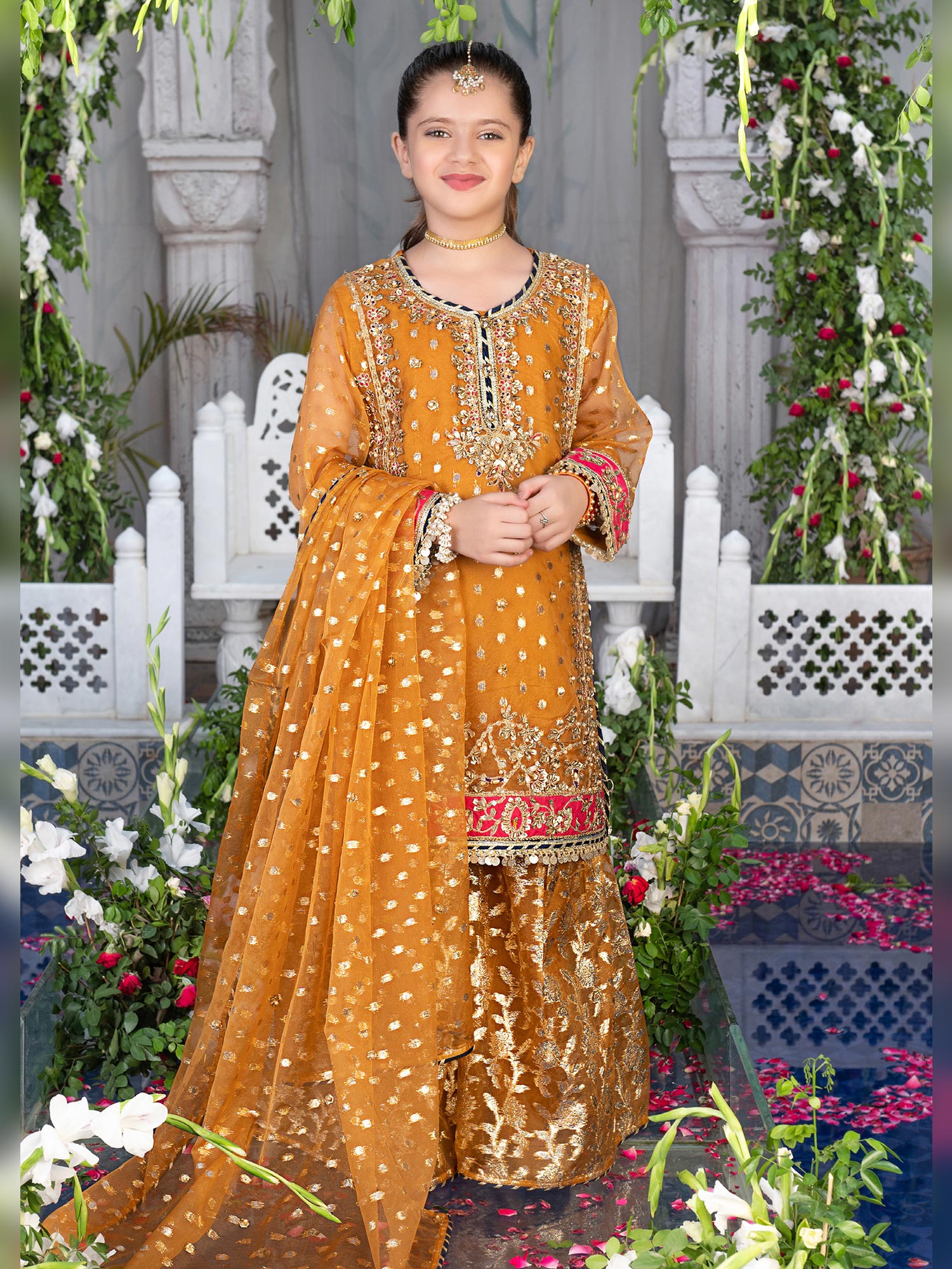 Ally's Kids Copper Orange Organza Suit with Gharara (AL-4014)