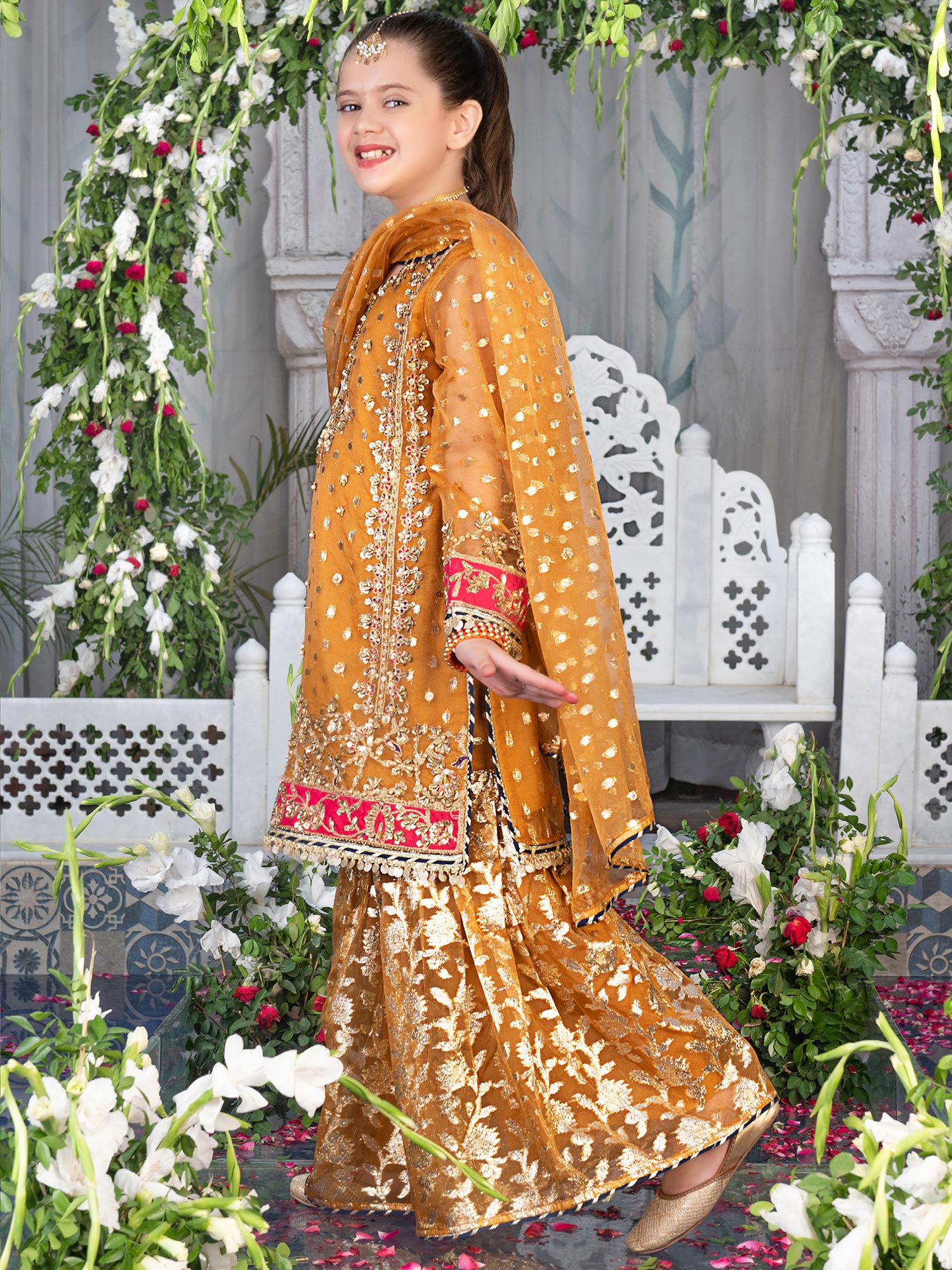 Ally's Kids Copper Orange Organza Suit with Gharara (AL-4014)