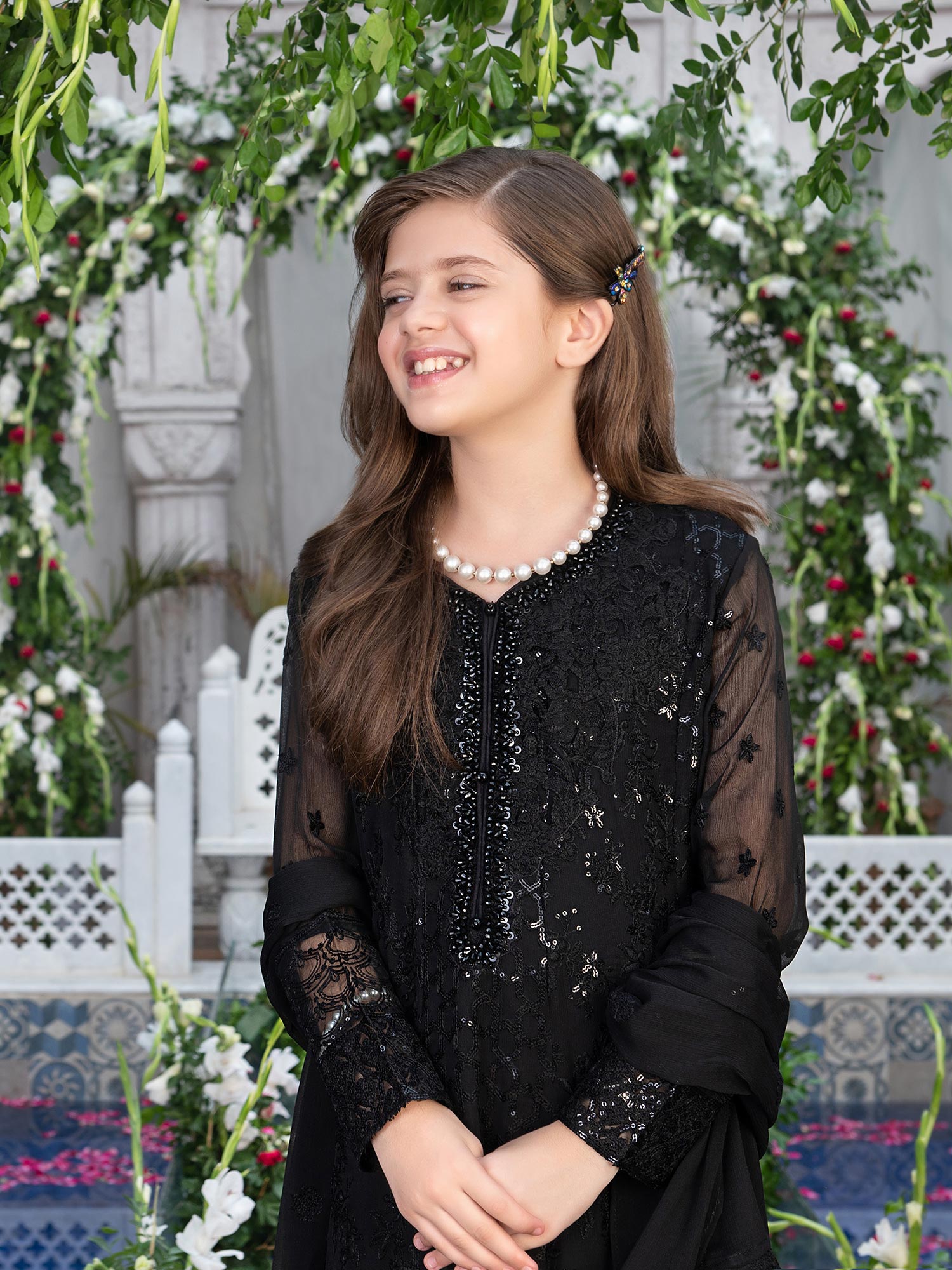 Ally's Kids Black Embroidered Chiffon Suit with Palazzo (AL-4041)