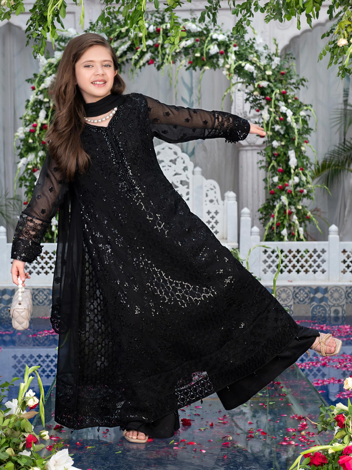 Ally's Kids Black Embroidered Chiffon Suit with Palazzo (AL-4041)