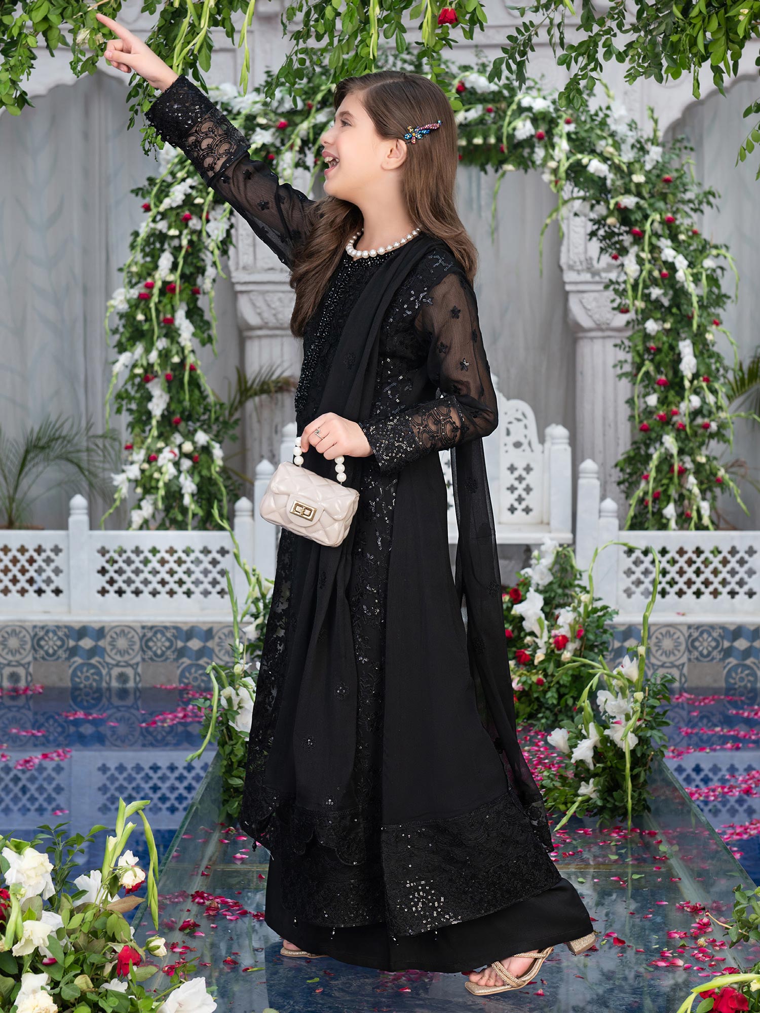 Ally's Kids Black Embroidered Chiffon Suit with Palazzo (AL-4041)