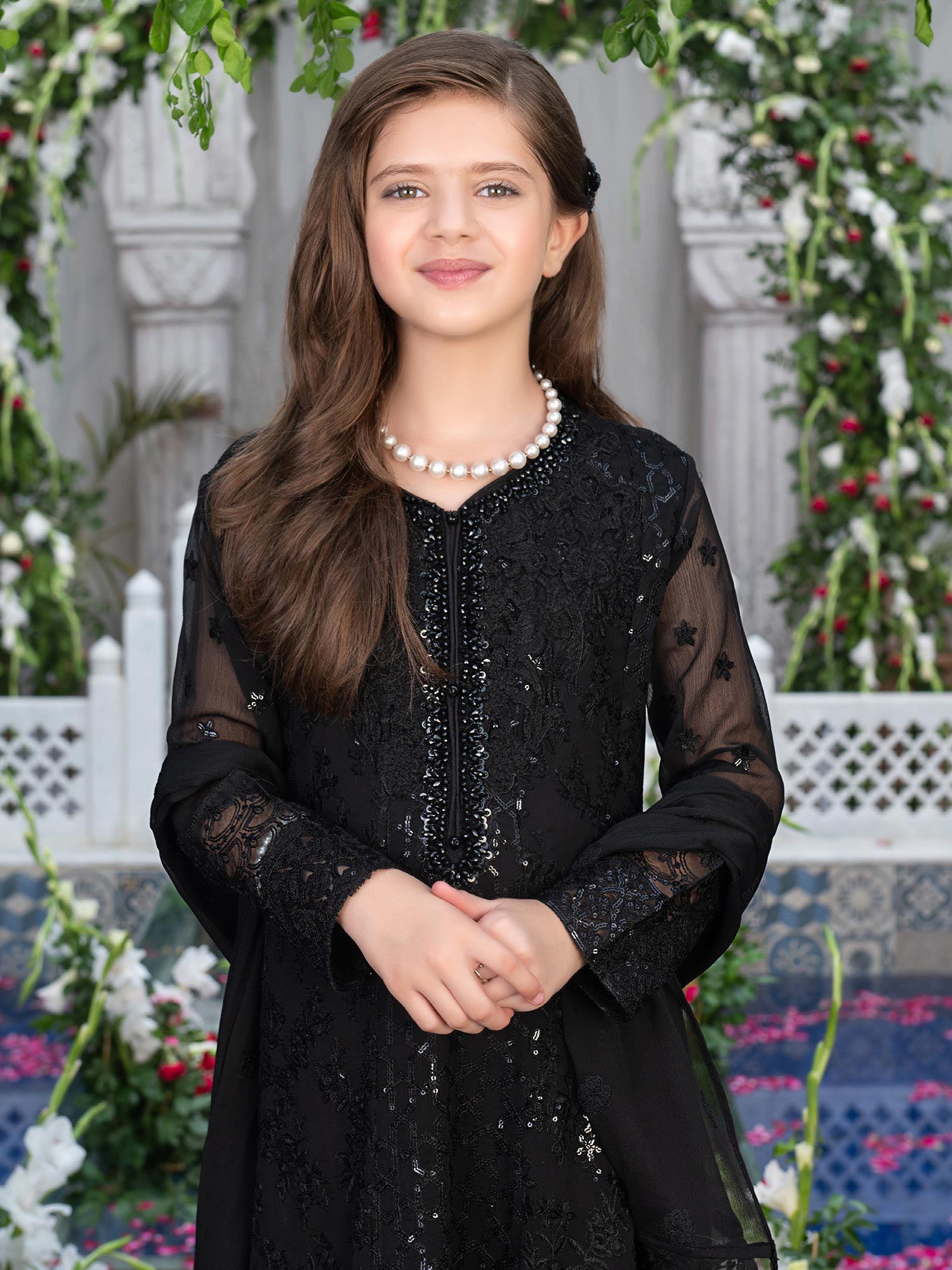 Ally's Kids Black Embroidered Chiffon Suit with Palazzo (AL-4041)