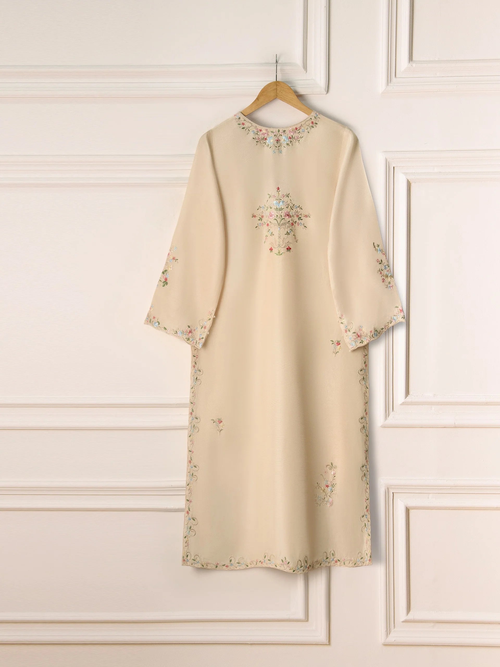 Agha Noor Cream Embroidered Korean Silk 3-Piece Suit